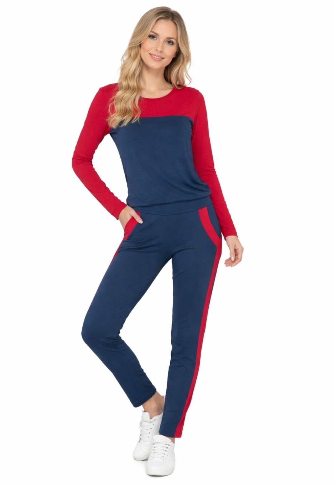 Conjunto Viscolycra Maria Paes Calça e Blusa Manga Longa Marinho e Vermelho