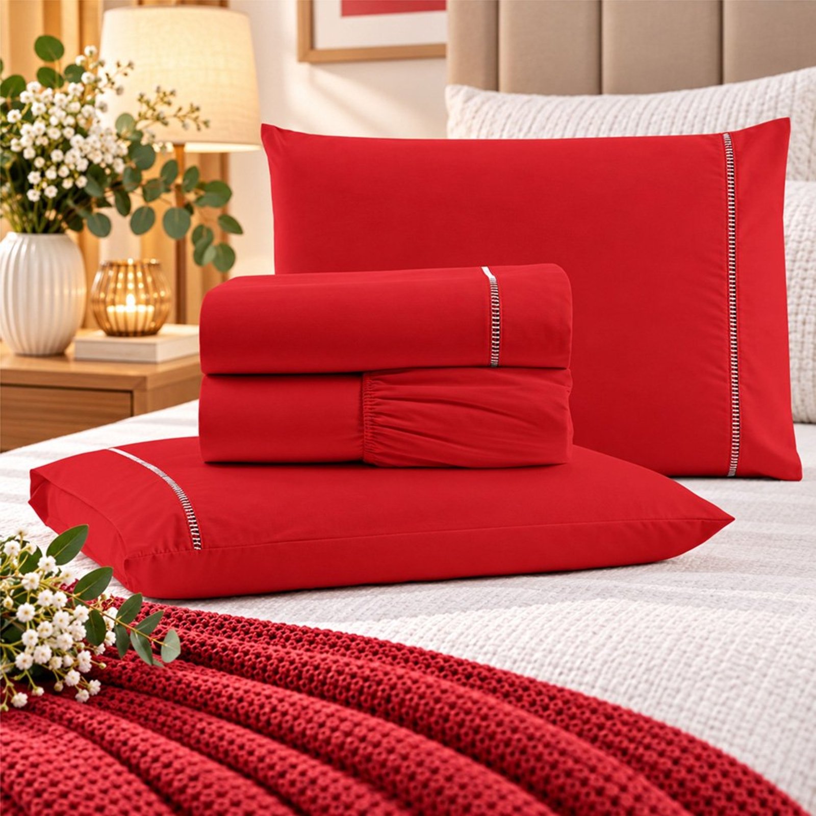 Jogo de Cama Lençol Queen Pluma Percal 180 Fios 4 Peças 100% Algodão - Vermelho