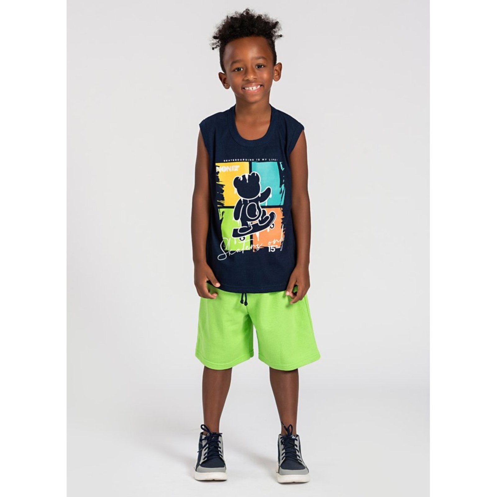 Vista 2 Infantil - Conjunto Curto Menino Regata e Bermuda Urso Skatista Molekada azul Molekada azul