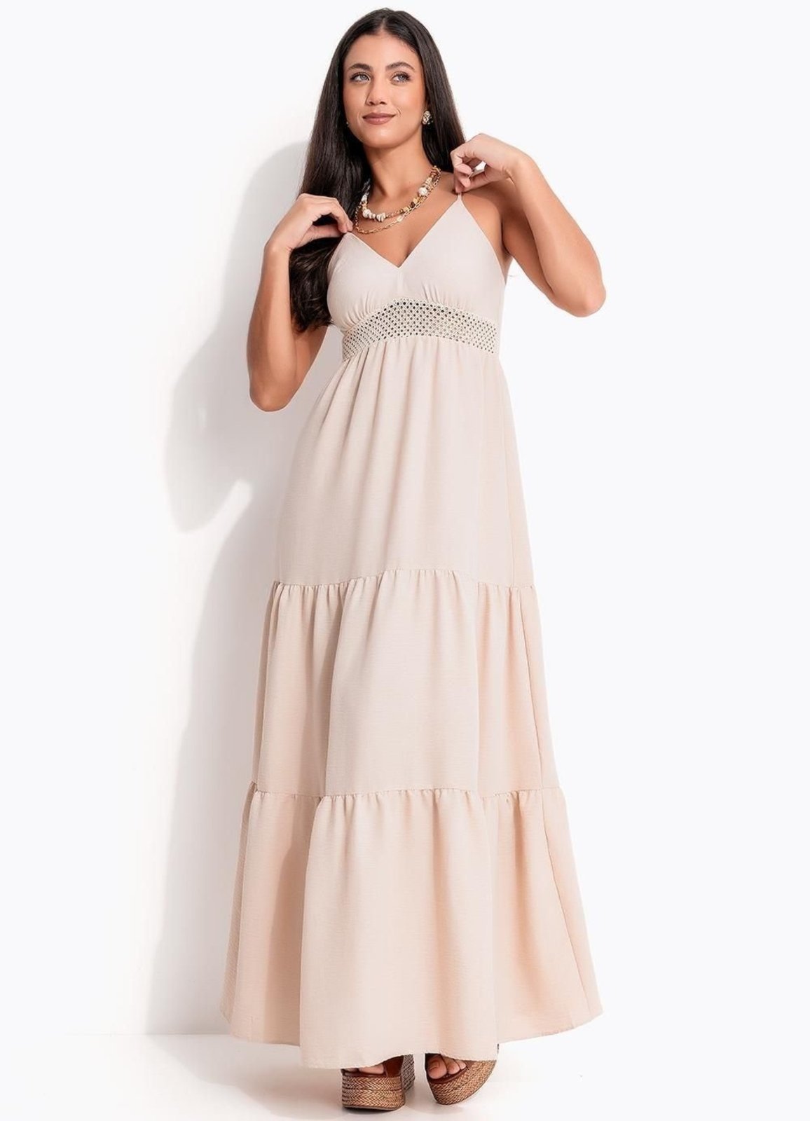Vestido Alongado Em Air Flow Quintess Bege