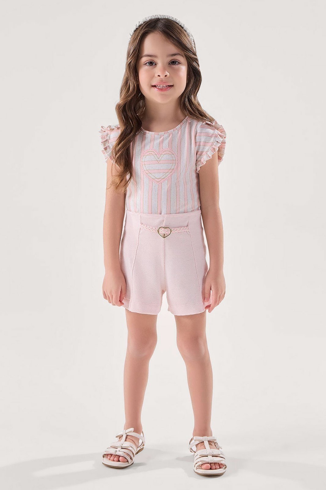 Infantil - Conjunto Blusa Rosa em Malha Texturizada com Shorts