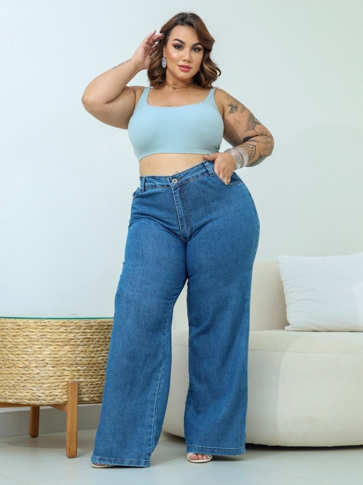 Calça Donna De Paula Wide Leg Jeans Média Com Elastano Plus Size Feminina Cintura Alta Casual