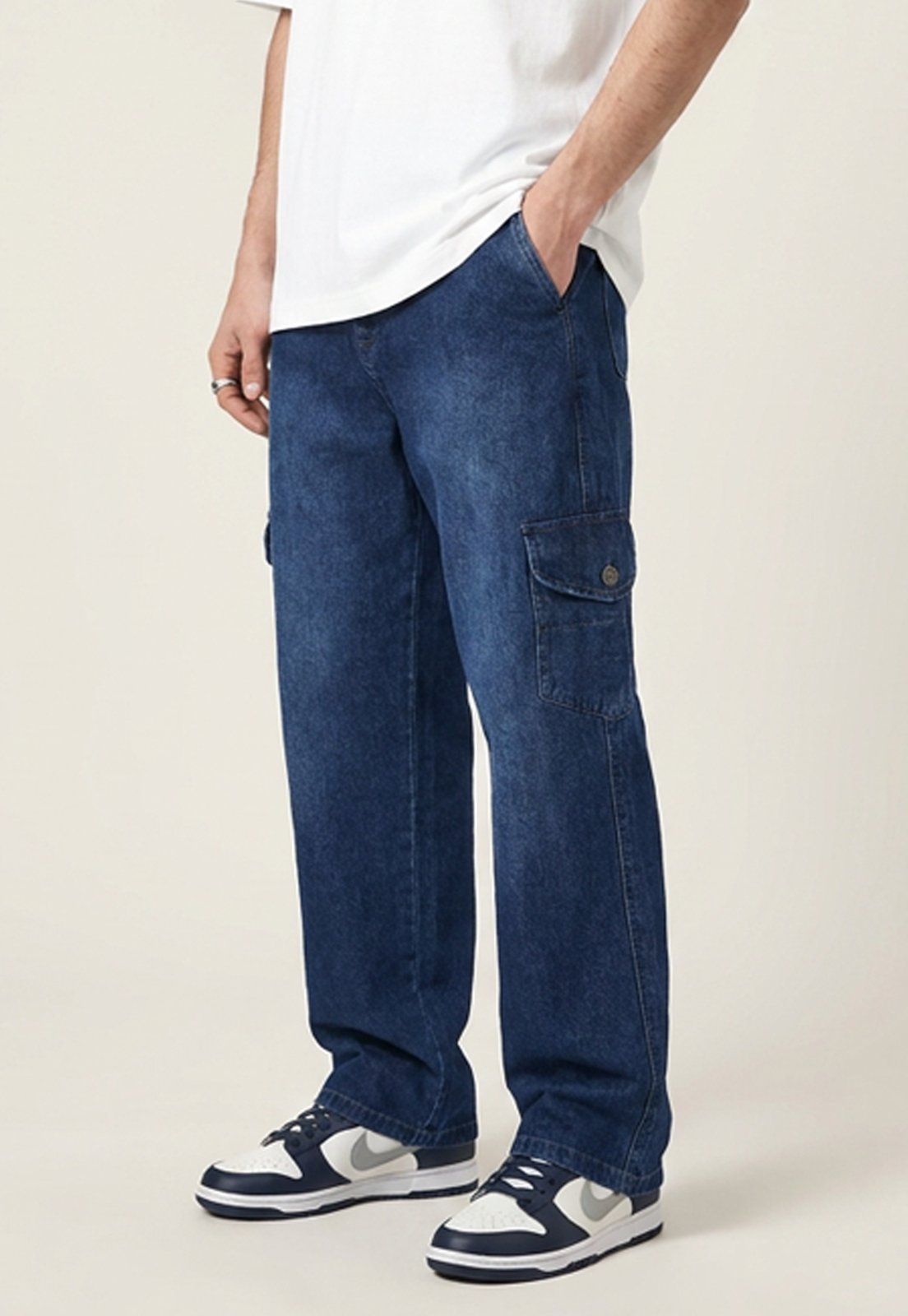 Calça Cargo Jeans Masculina Baggy Larga com Bolsos Laterais Azul