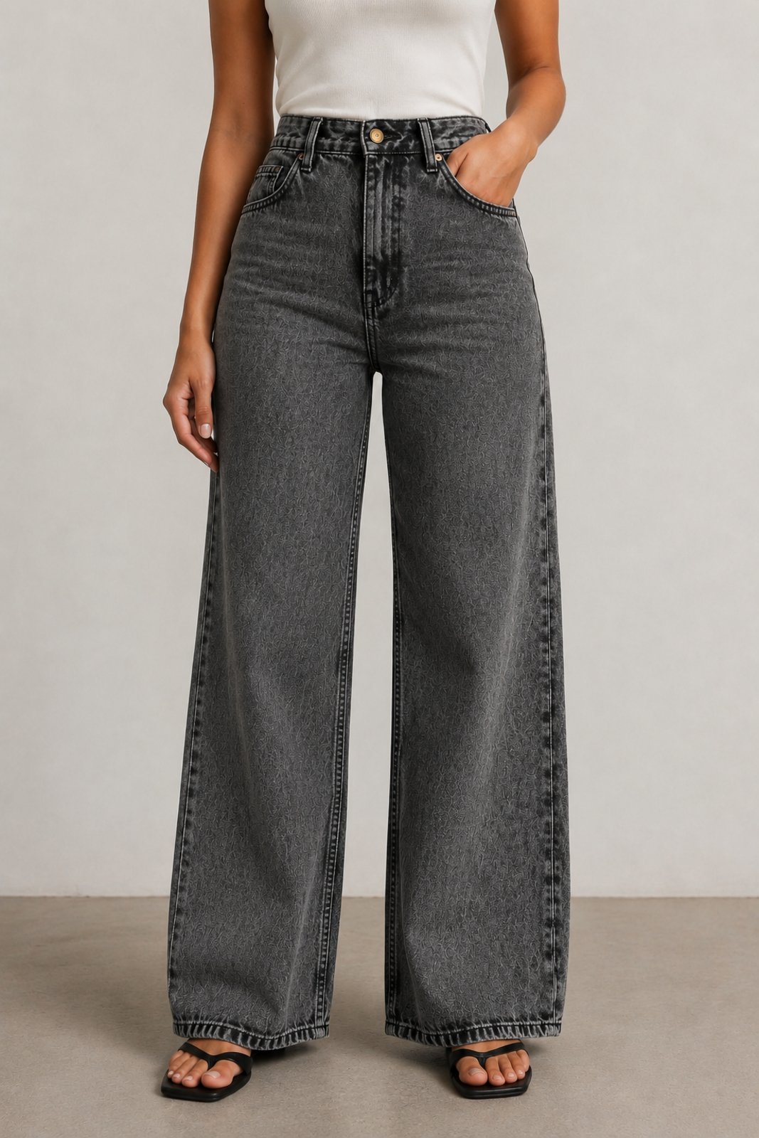 Calça Jeans Donna De Paula Wide Leg Cinza Grafite Pantalona Feminina Cintura Alta