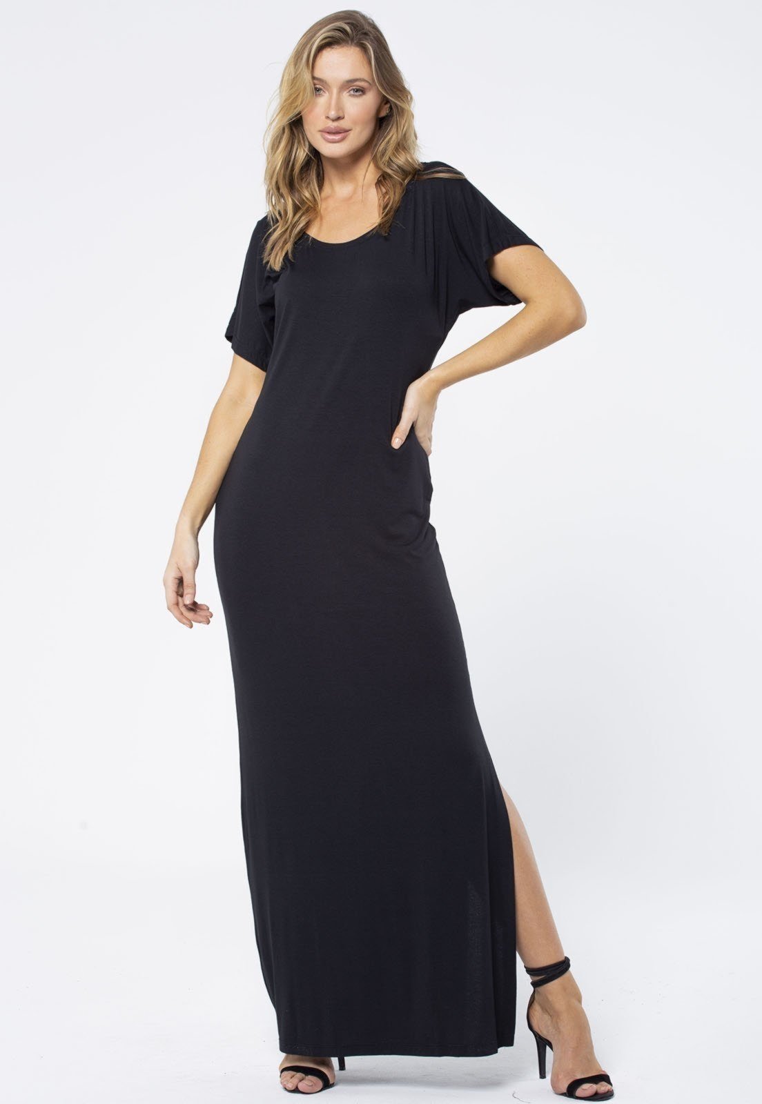 Vestido Longo Amazonia Vital Malha Fenda na Lateral Preto