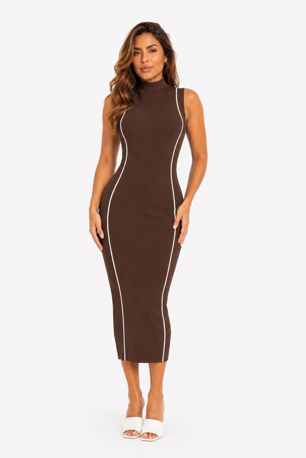Vestido Midi Feminino D Bell Outlet Fashion Listras Chocolate