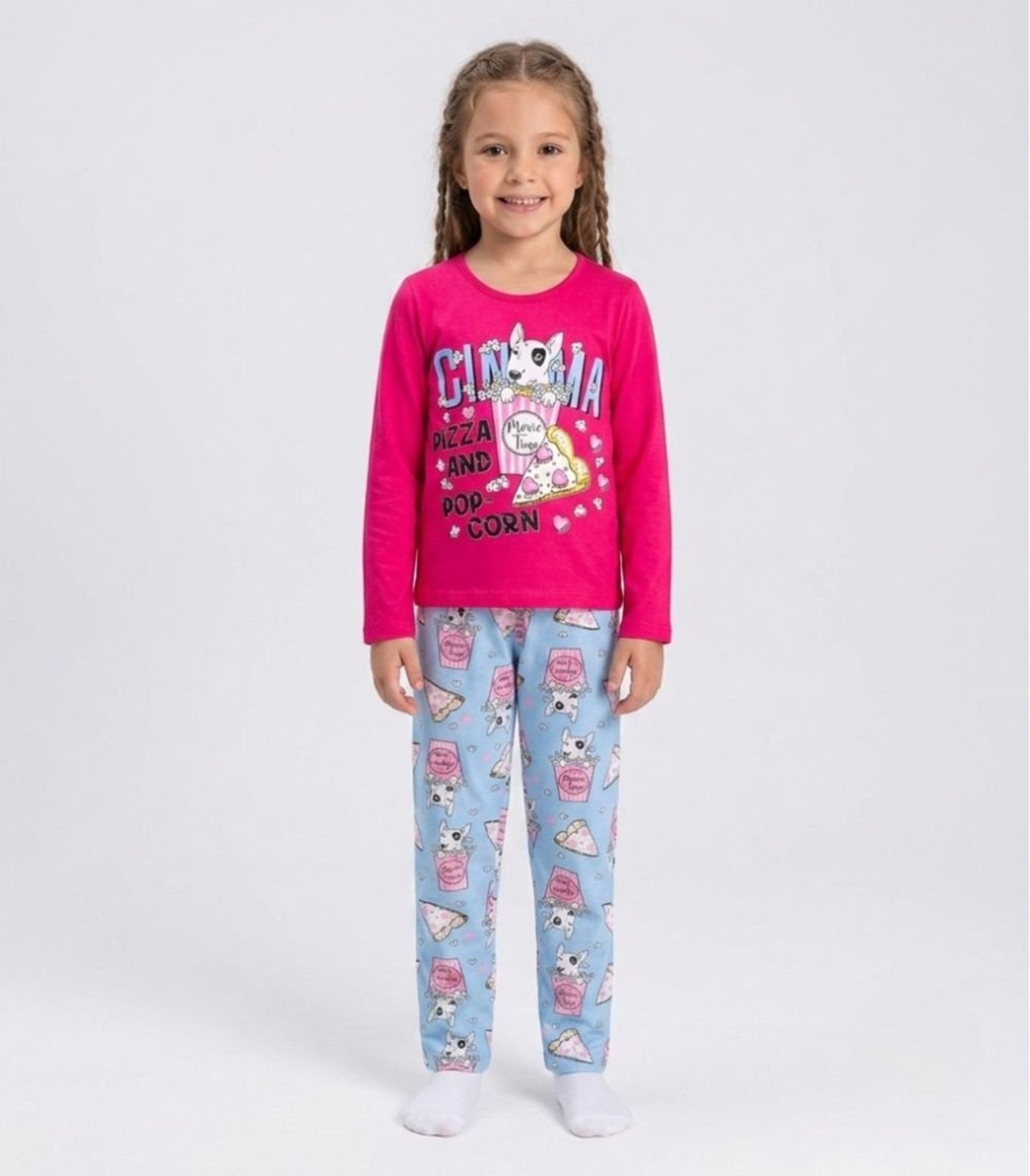 Pijama Menina Manga Longa Meia Malha Kappes Rosa
