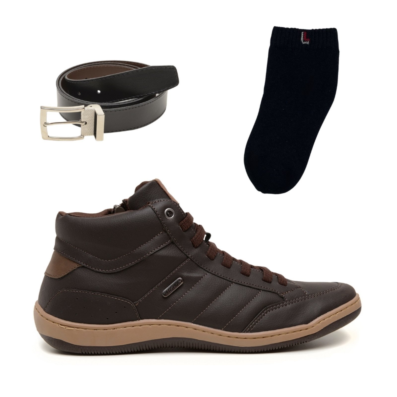 Kit Sapatênis Masculino Casual Dia a Dia Moderno Marrom Rovetto com Cinto e Meia