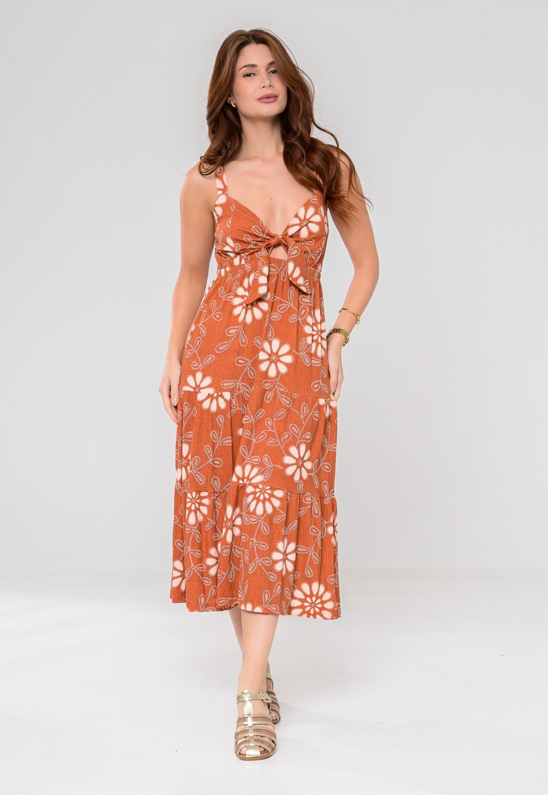 Vista 2 Vestido Aura Ikat Floral laranja laranja