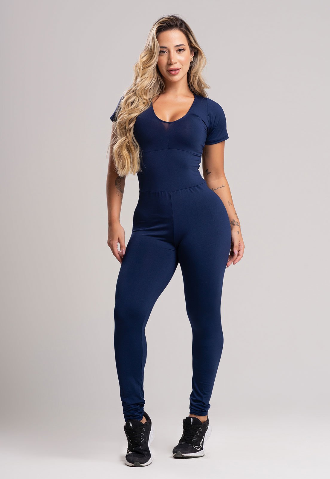 Macacão MVB Modas Longo Feminino Manga Curta Fitness Suplex Azul Marinho