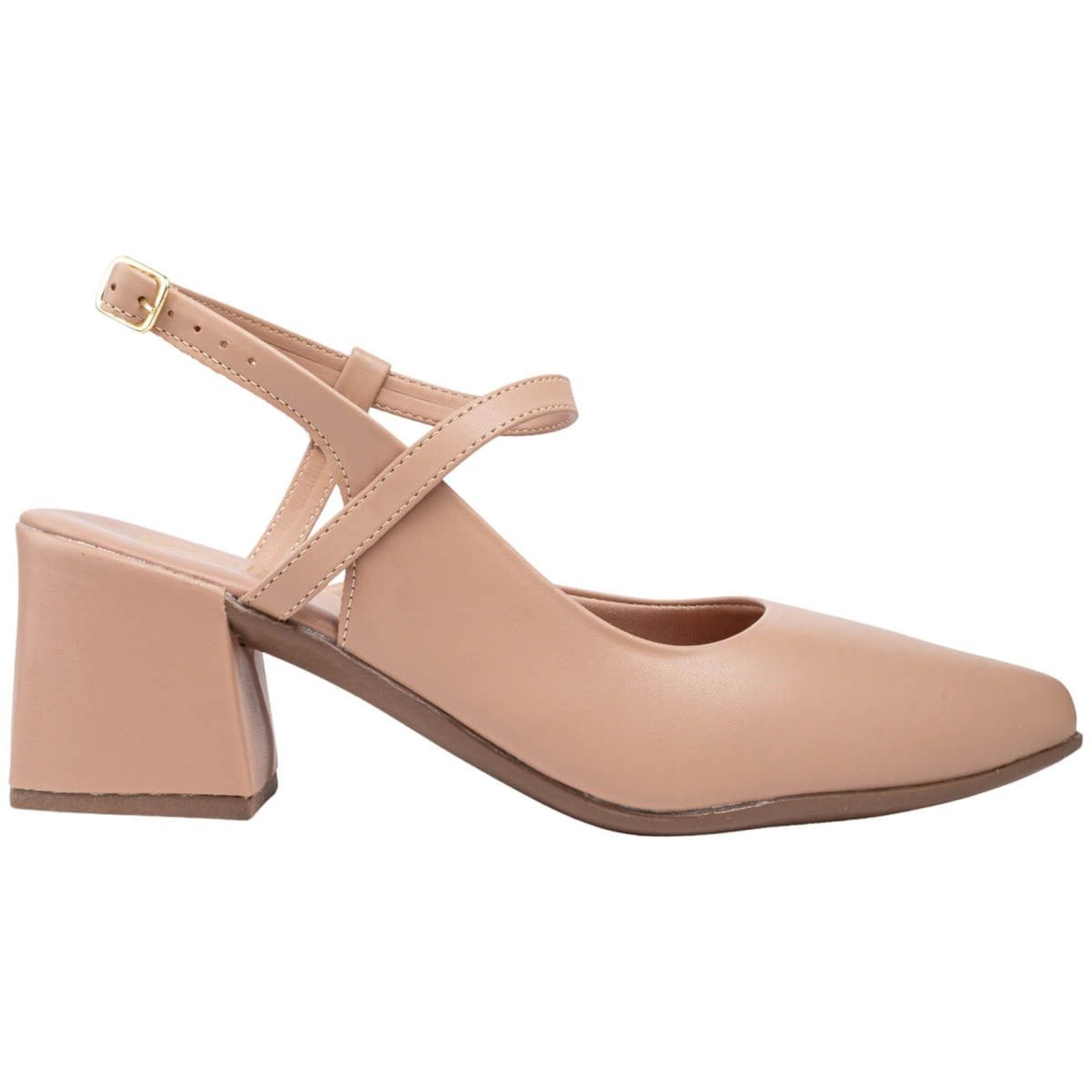 Sapato Feminino Slingback Mary Jane Salto Grosso Bico Fino Social Confortável Via Angel 9101 Nude