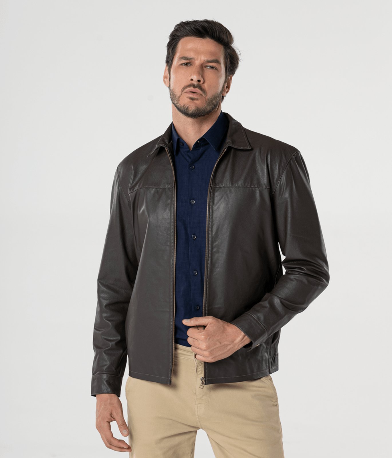 Jaqueta Couro Recorte Superior Com Zíper Masculina Marrom