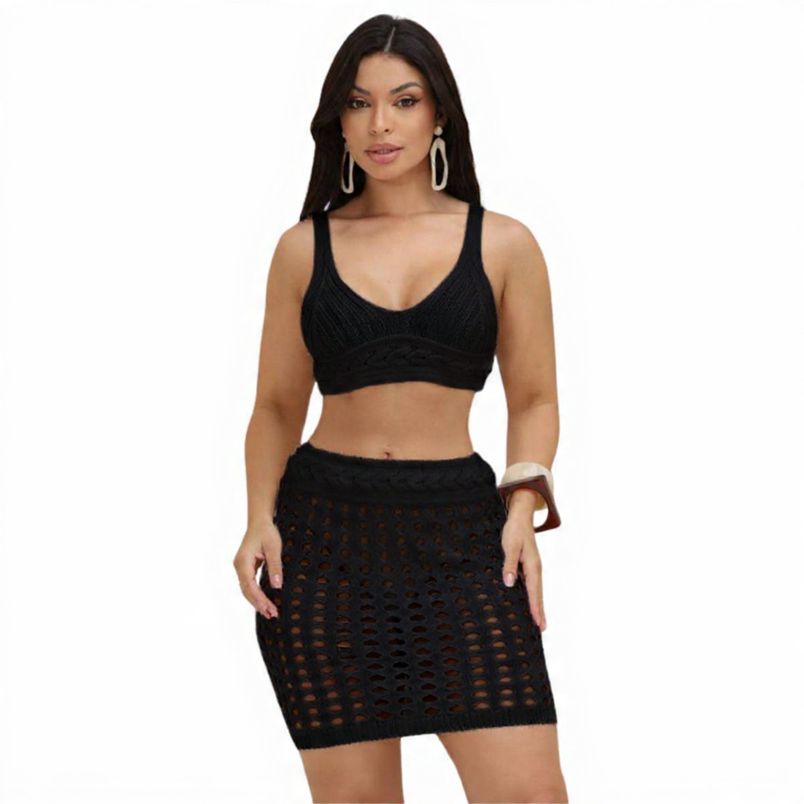 Conjunto Feminino Tricot 2 Peças Praia Verão Saia Rendada + Top