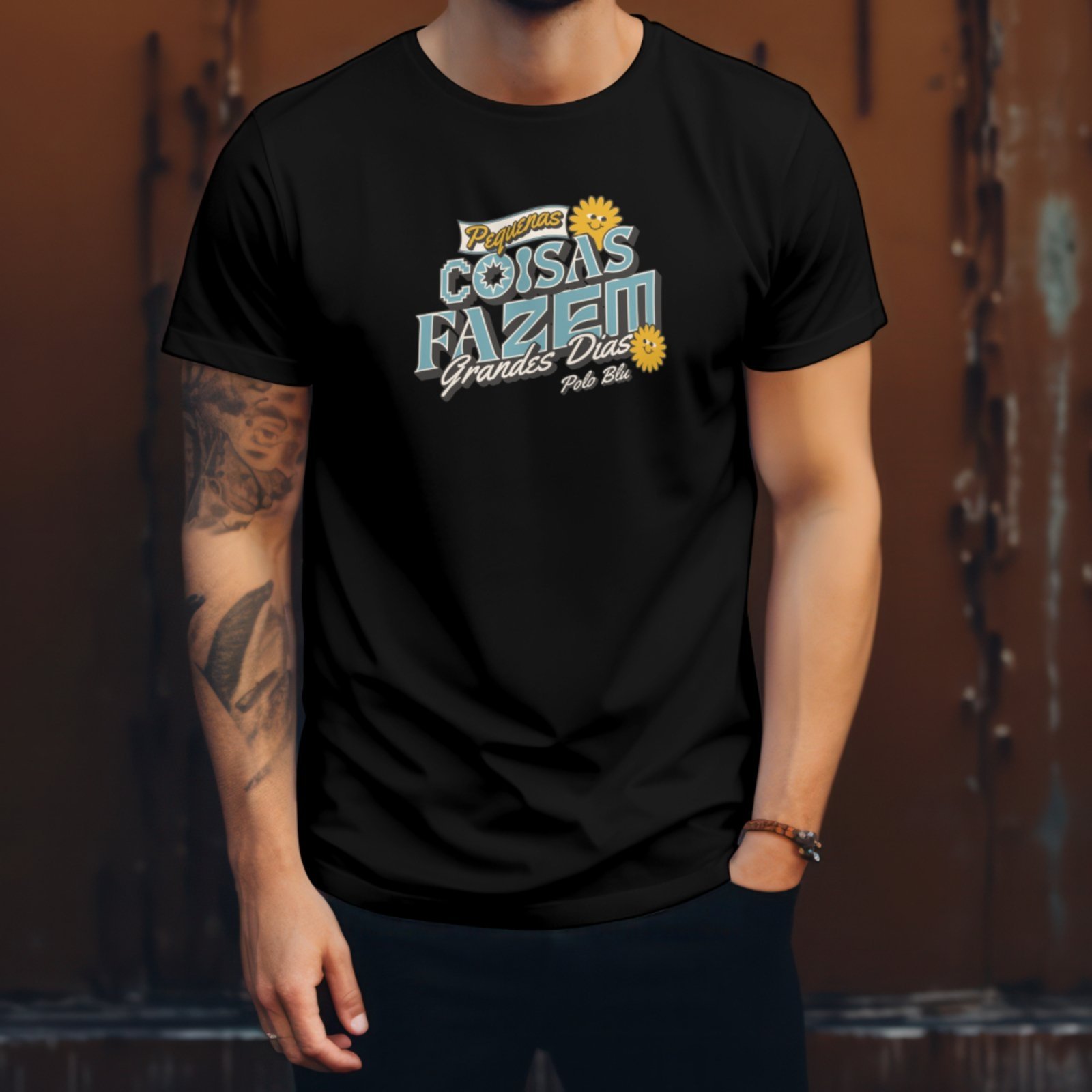 Camiseta Masculina Casual Estampada Polo Blu em Algodão Preta do P ao G1