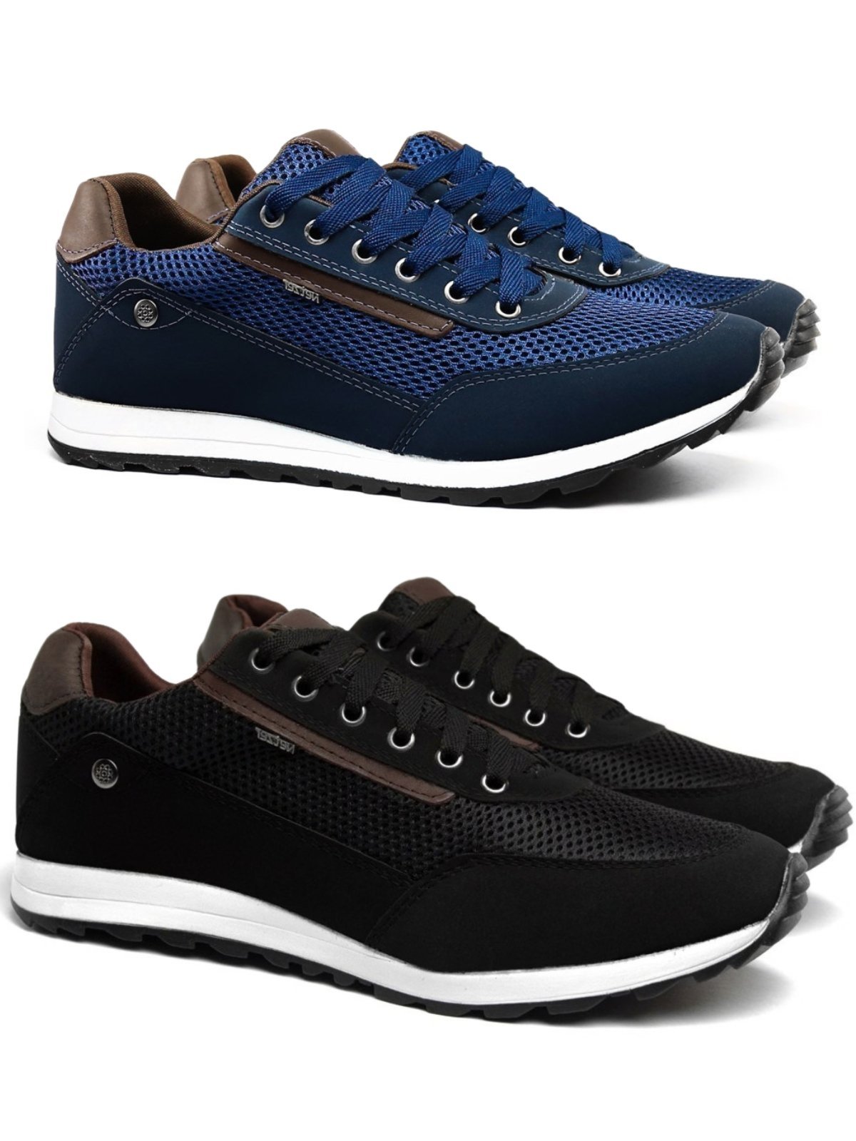 Kit 2 Sapatênis Masculino Casual Jogging Confortável Com Cadarço Tênis Mesh Preto e Marinho