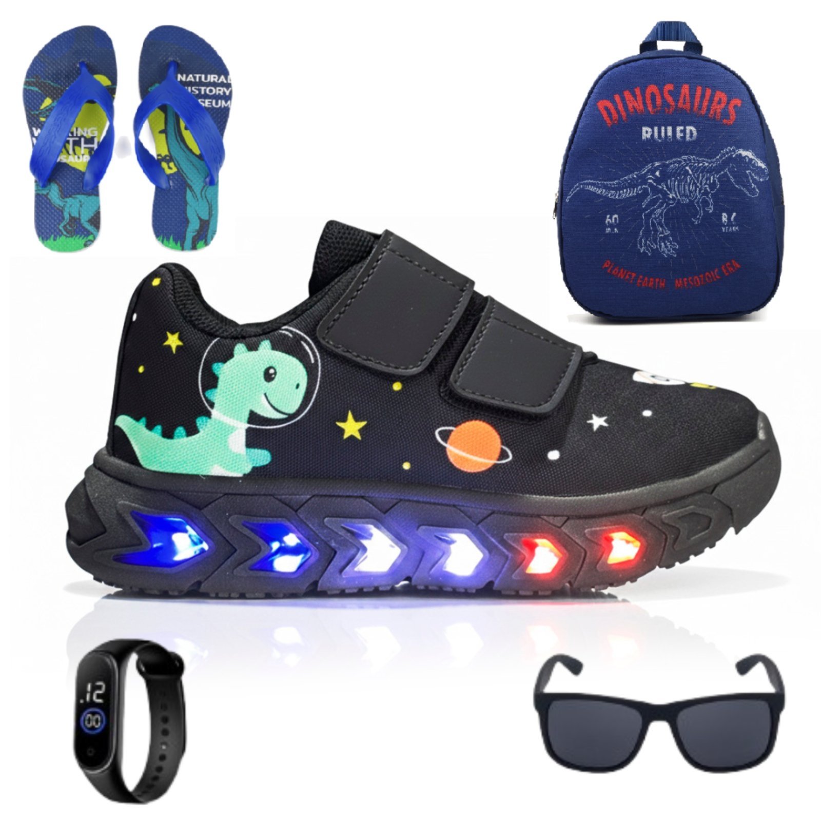 Infantil - Kit Premium com Tênis de Led para Meninos Dino Alta Qualidade + Mochila + Chinelo Leve + Relógio + Óculos