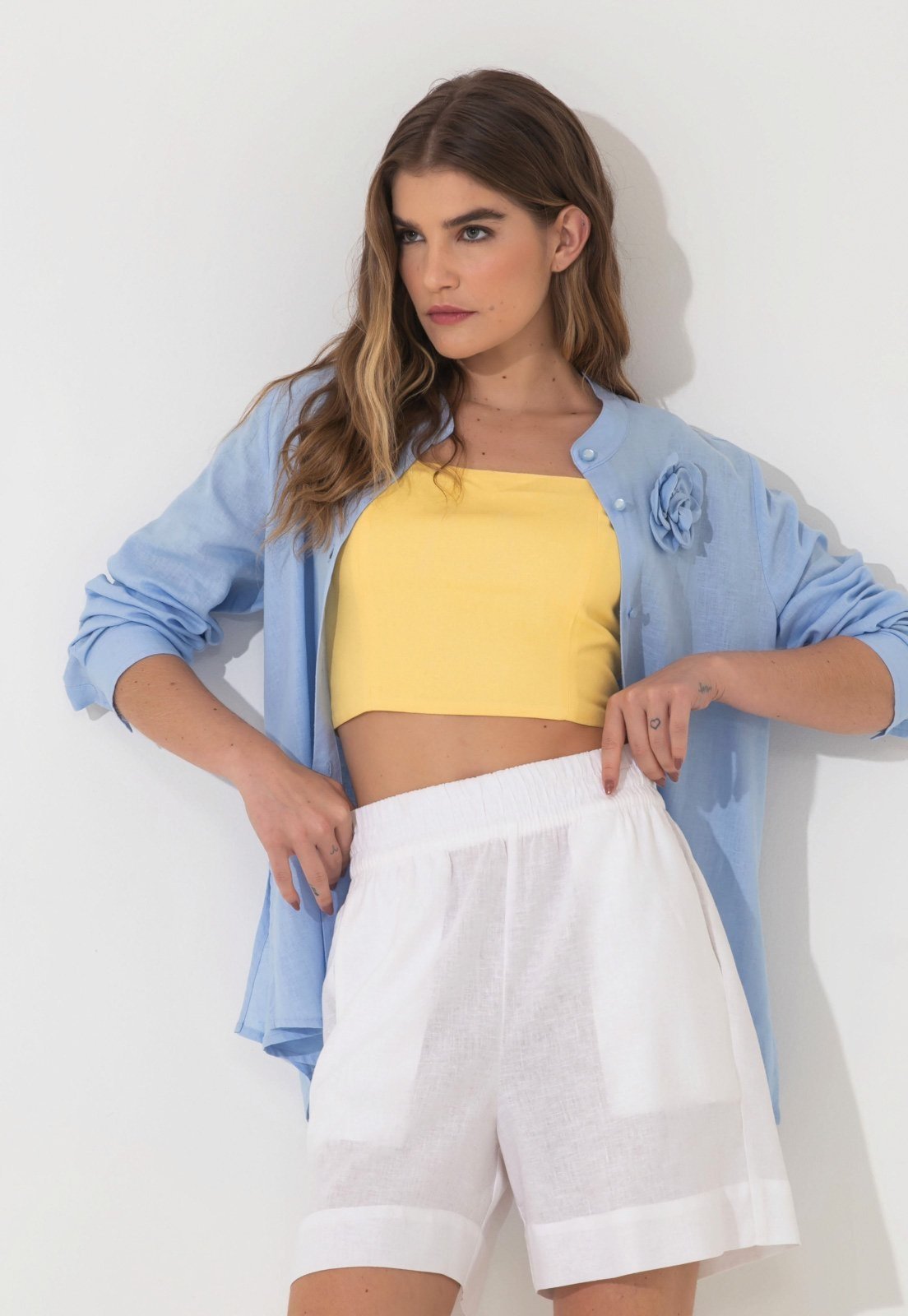 Vista 2 Short Linho Traymon Cós Elástico branco Traymon branco