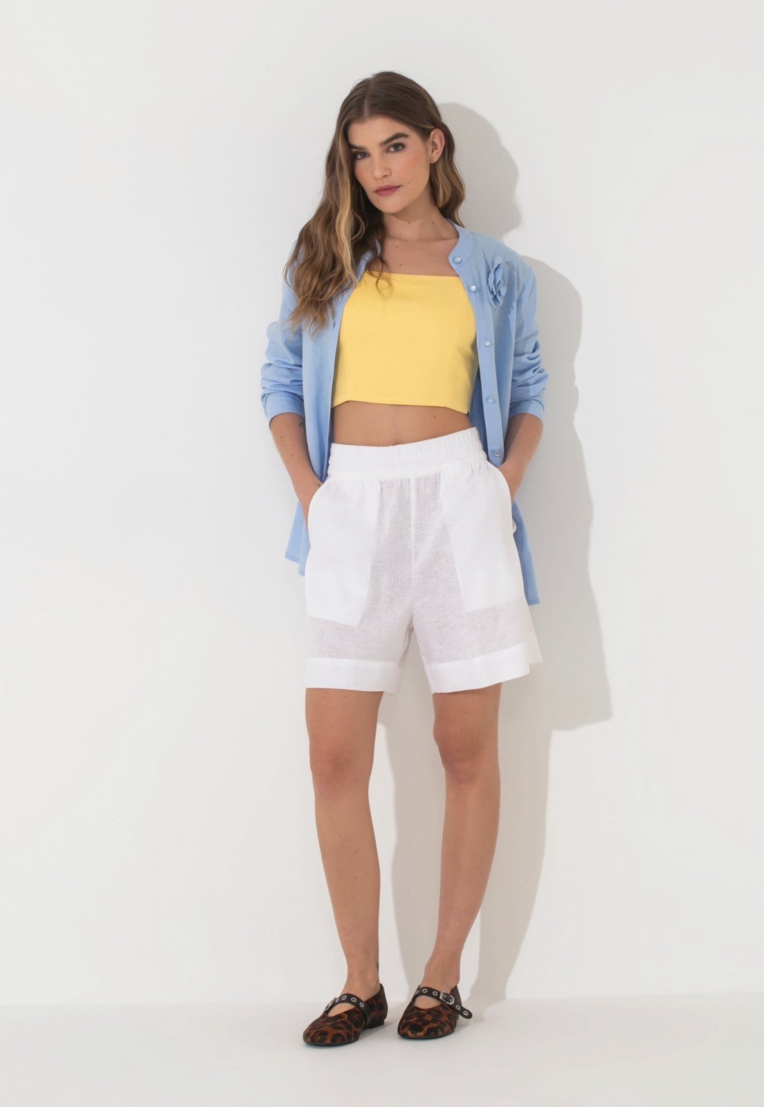 Vista 3 Short Linho Traymon Cós Elástico branco Traymon branco