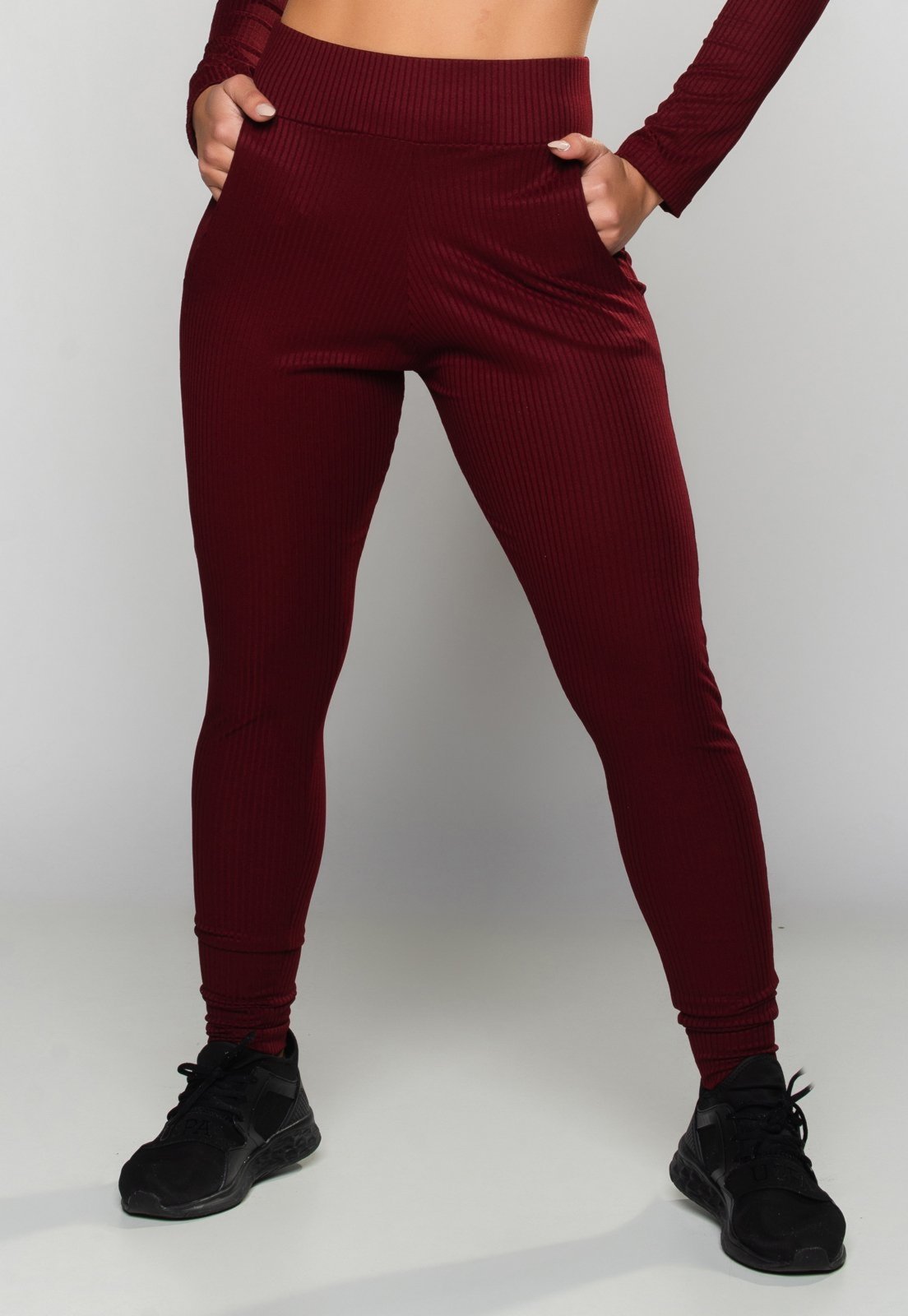 Calça Jogger MVB Modas Ribana Canelada Cintura Alta Vinho