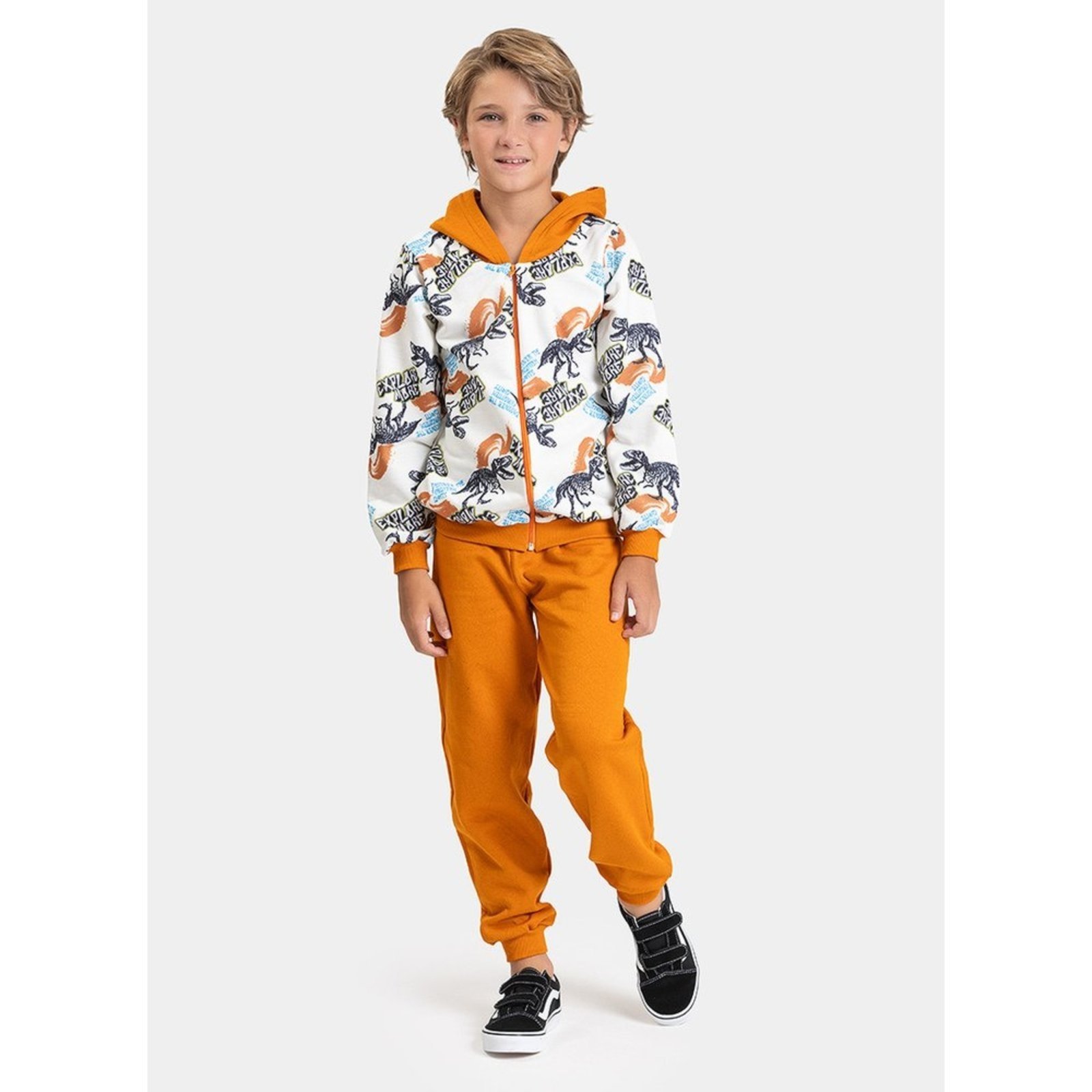 Infantil - Conjunto Inverno Menino Natural Jaqueta com Capuz e Calça em Moletom com Cadarço Dinos