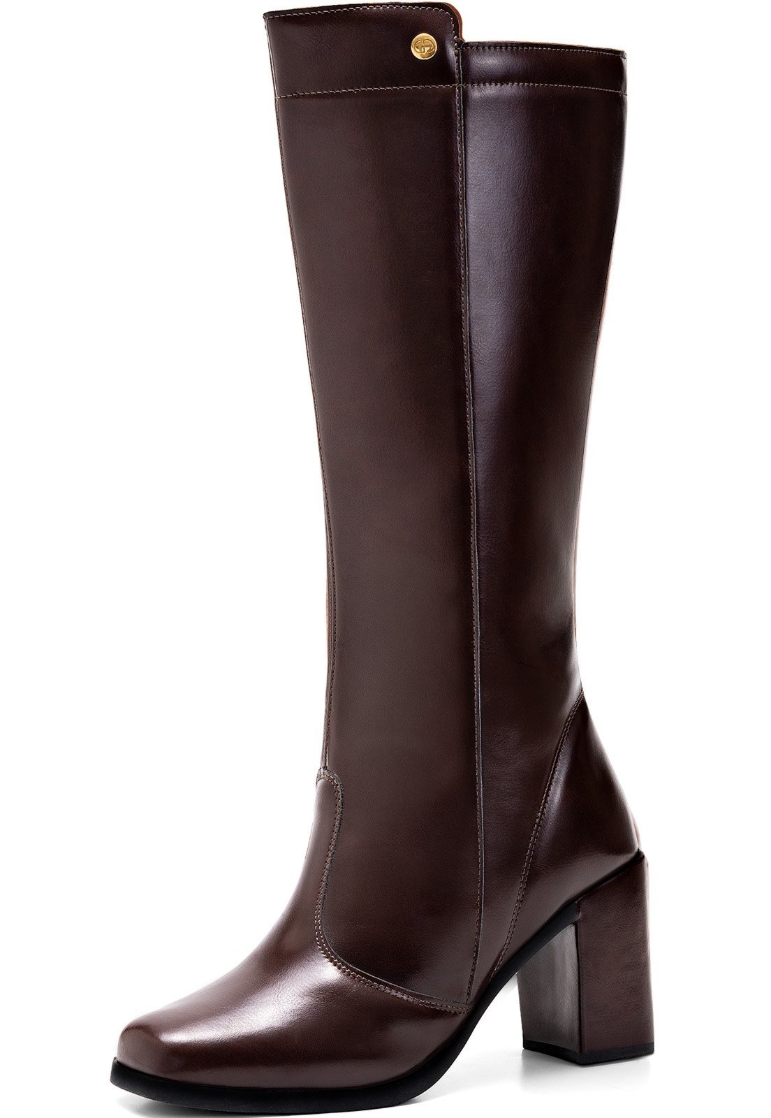 Bota Feminina Lumiss Cano Alto Salto Alto Bloco Confortável Bico Quadrado Marrom