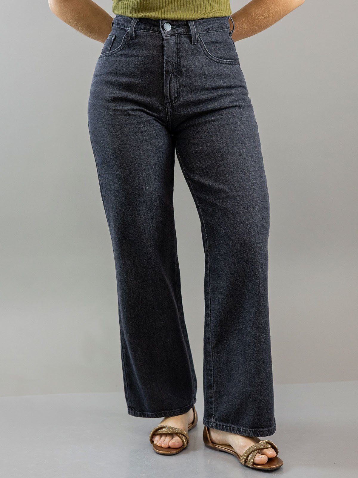 Calça Feminina Jeans Preto Wide Leg Petit Cintura Alta Anticorpus
