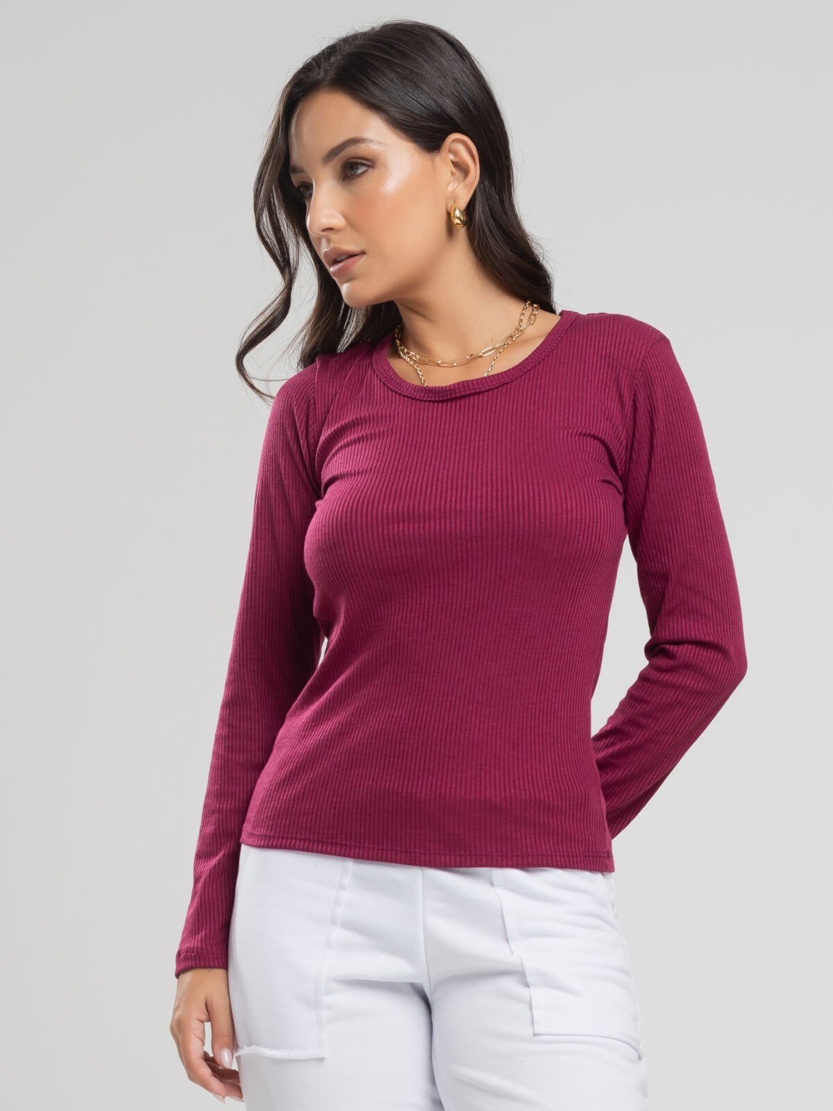 Blusa Canelada Vicbela Manga Longa Comprida Vinho