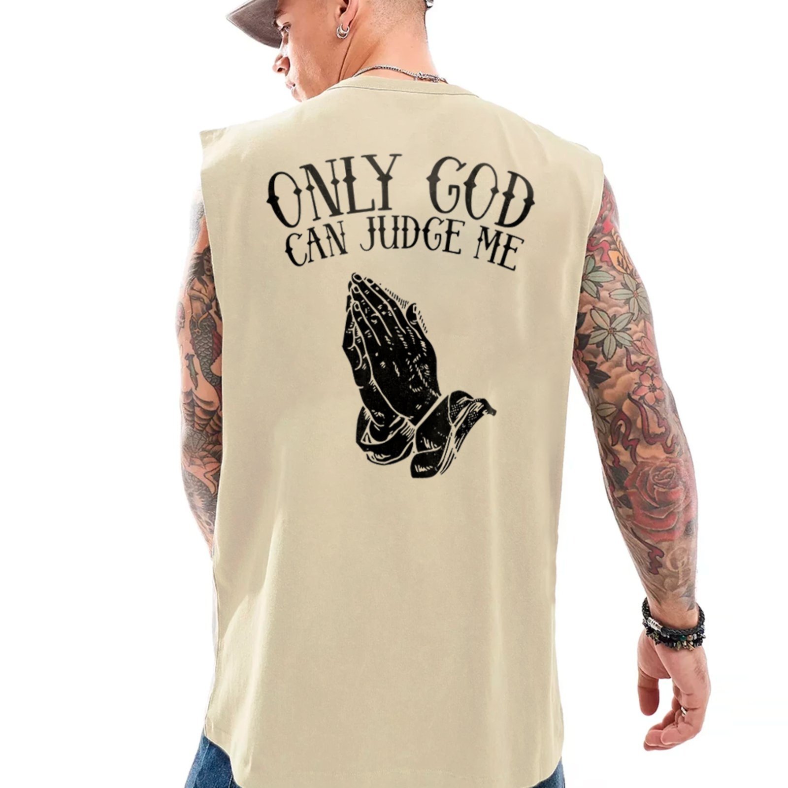 Camiseta Regata Machão Só Deus Pode Me Julgar Mensagem Cristã Off White