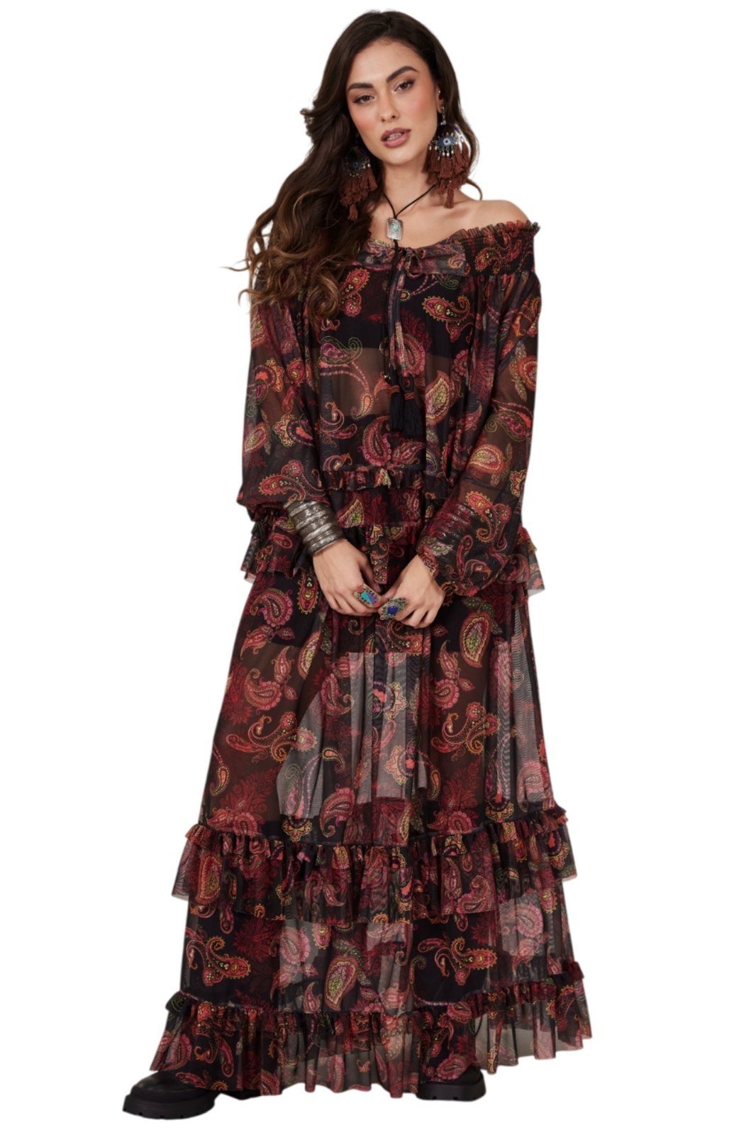 Saia Longa De Tule Preta Estampa Cashmere Yacamim A20 – Estampado