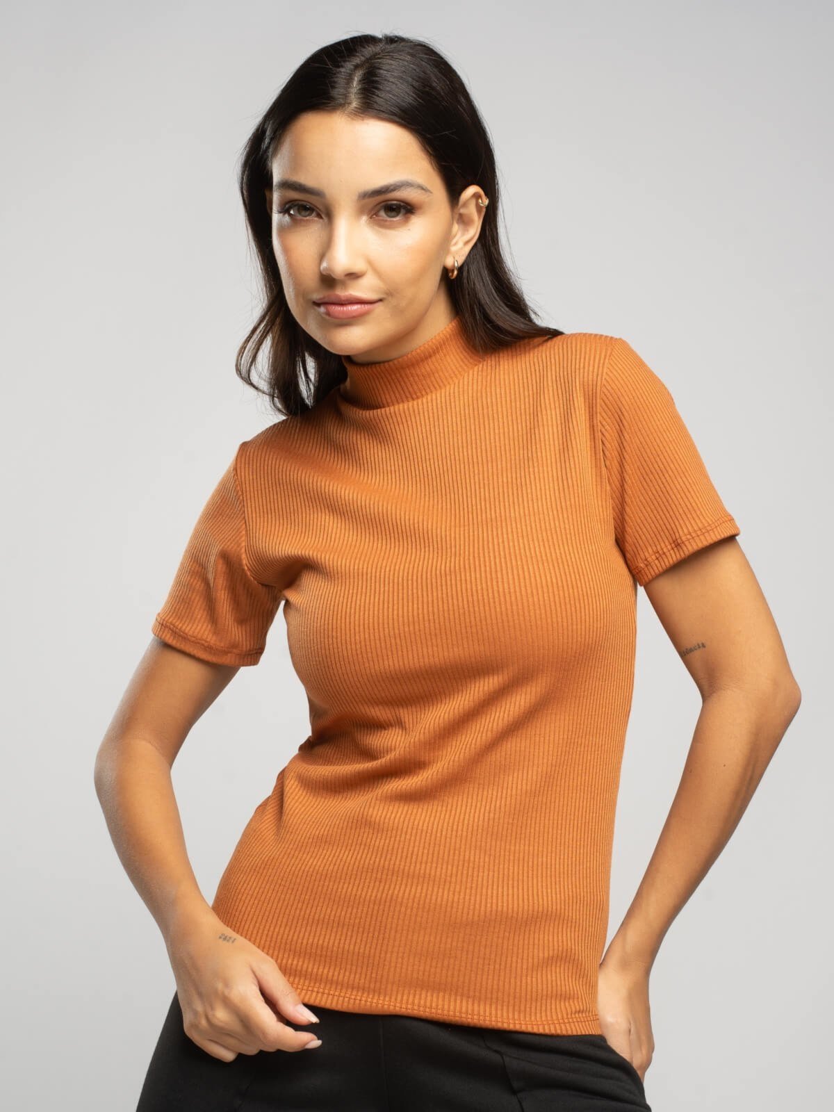Blusa Canelada Vicbela Manga Curta Gola Alta Terracota