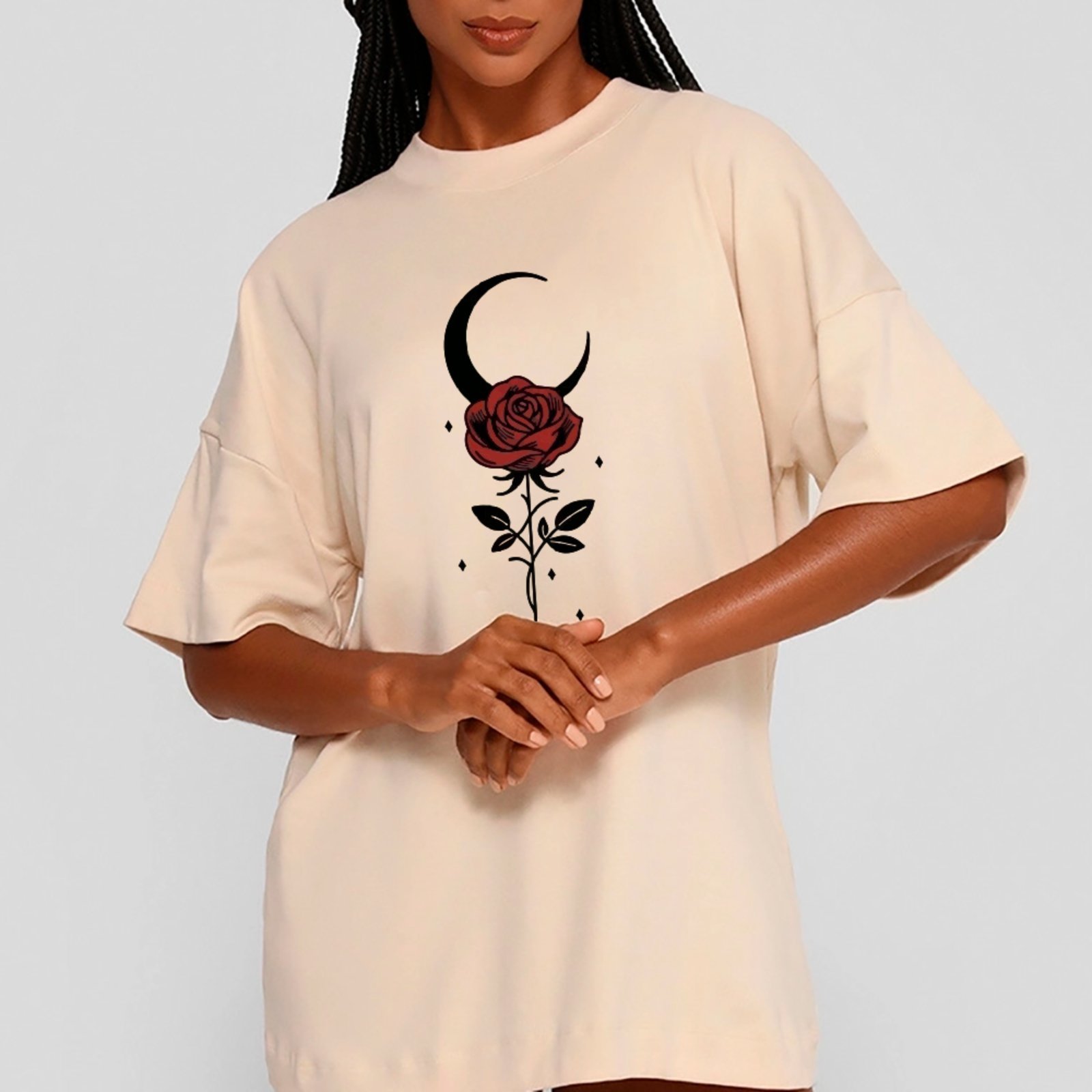 Camiseta Ousy Rosa e Lua Crescente Oversized Unissex Off White