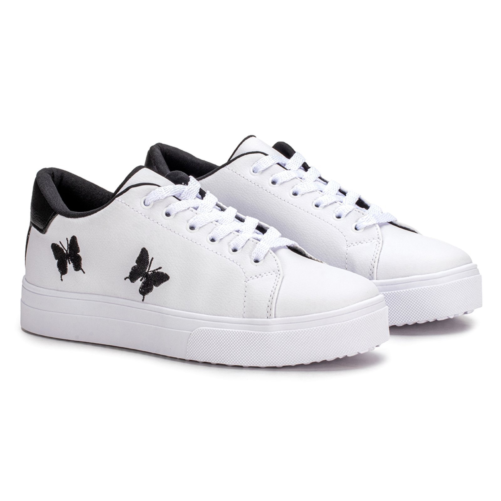 Tenis Feminino Casual Branco Preto Borboleta Confortável Estilo Shoes