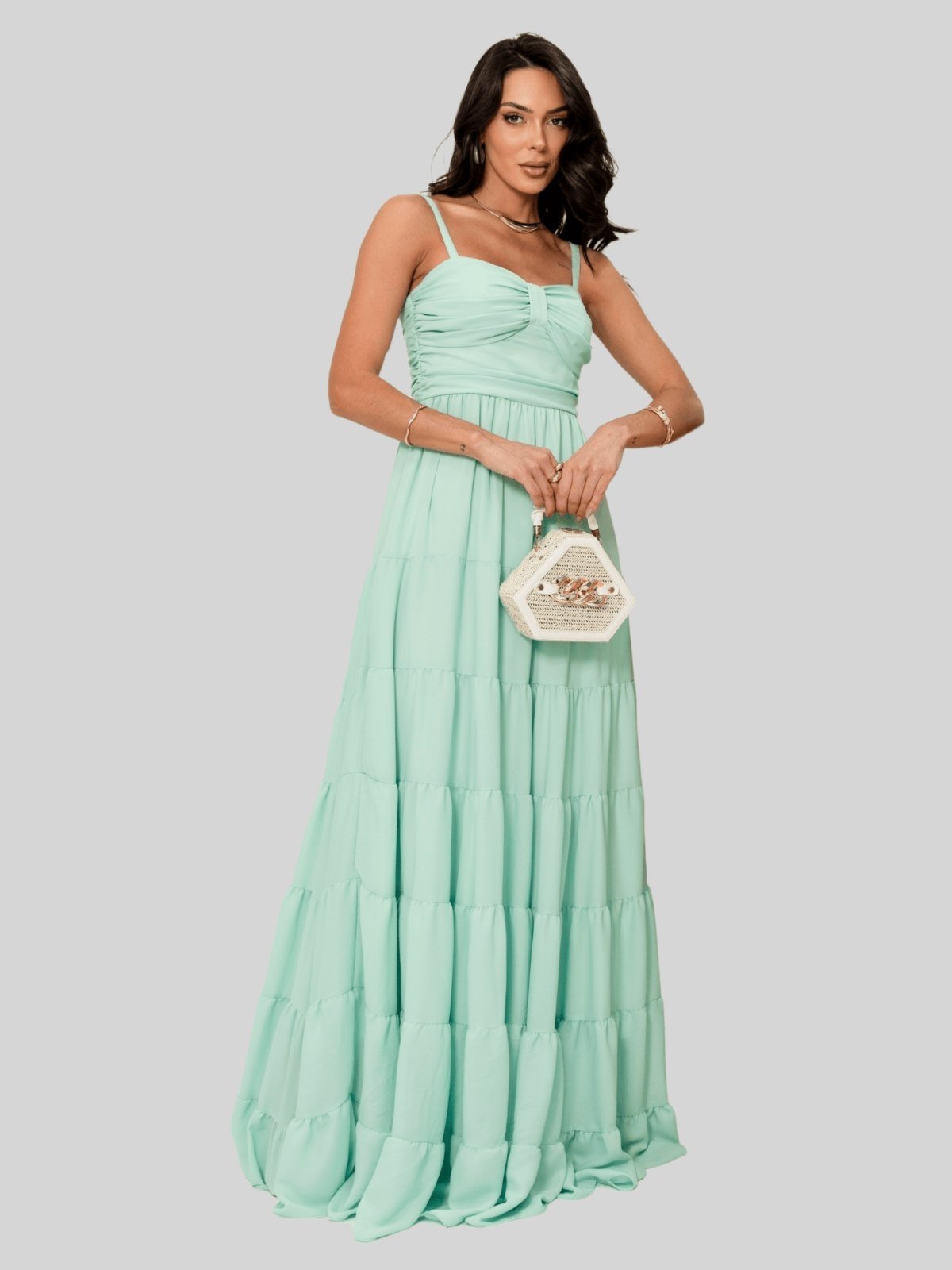 Vestido Miss e Misses Maisa Longo Crepe C/Alca Detalhe Franzido Rosa