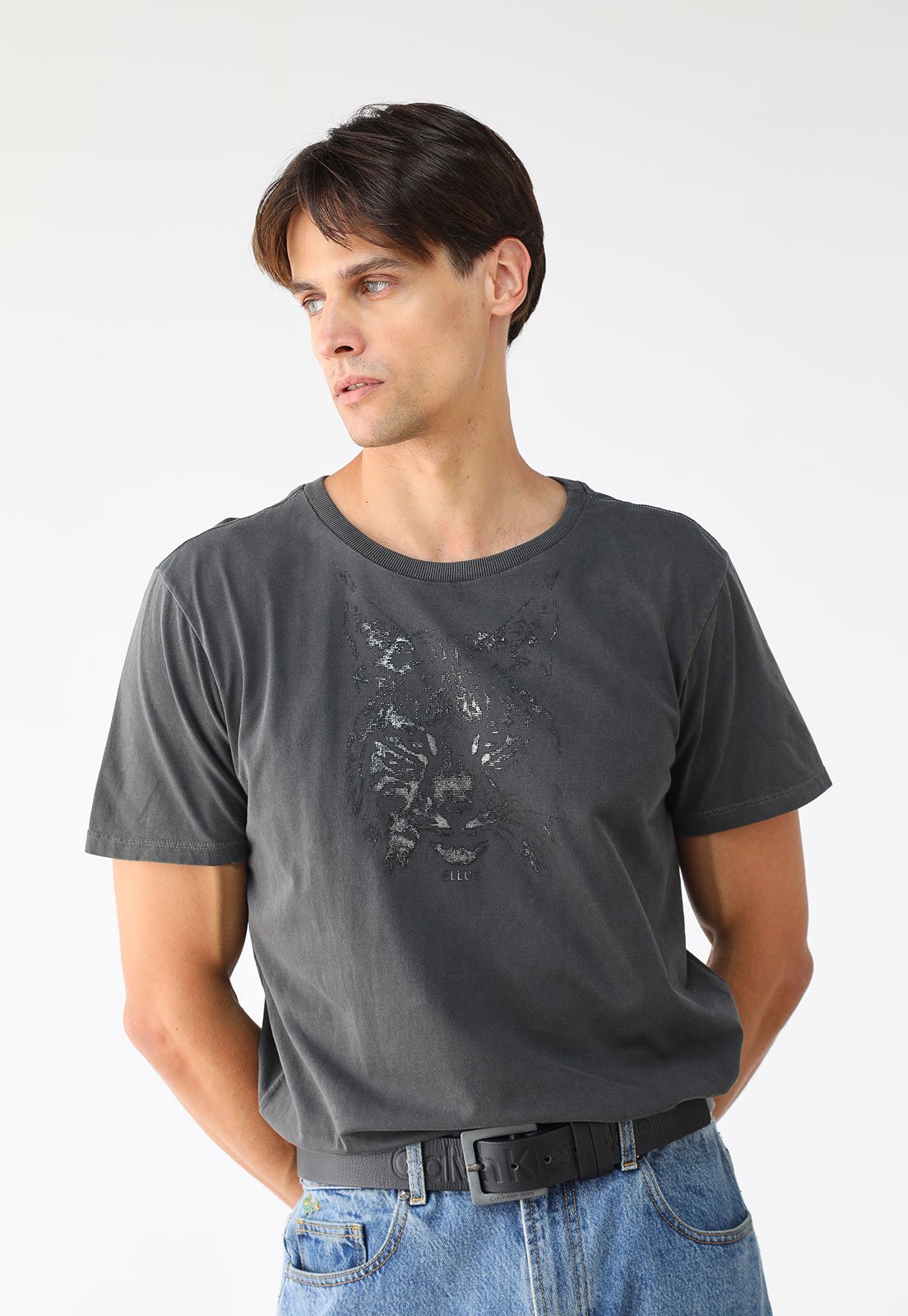 Camiseta Ellus Reta Cotton Washed Grafite