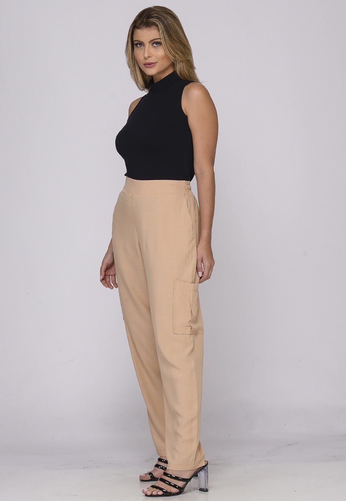 Vista 3 Calça Cargo de Viscose com Bolsos B’Bonnie Moana B'Bonnie bege B'Bonnie bege