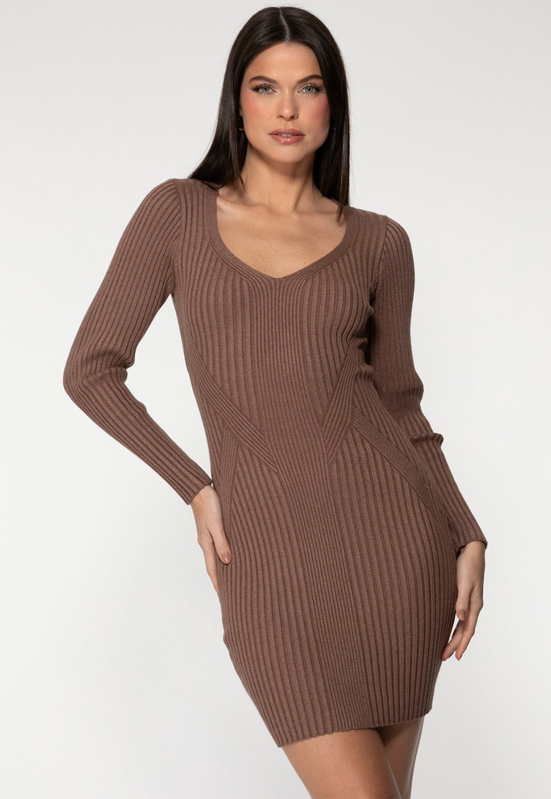 Vestido Guess Tricot Canelado Marrom