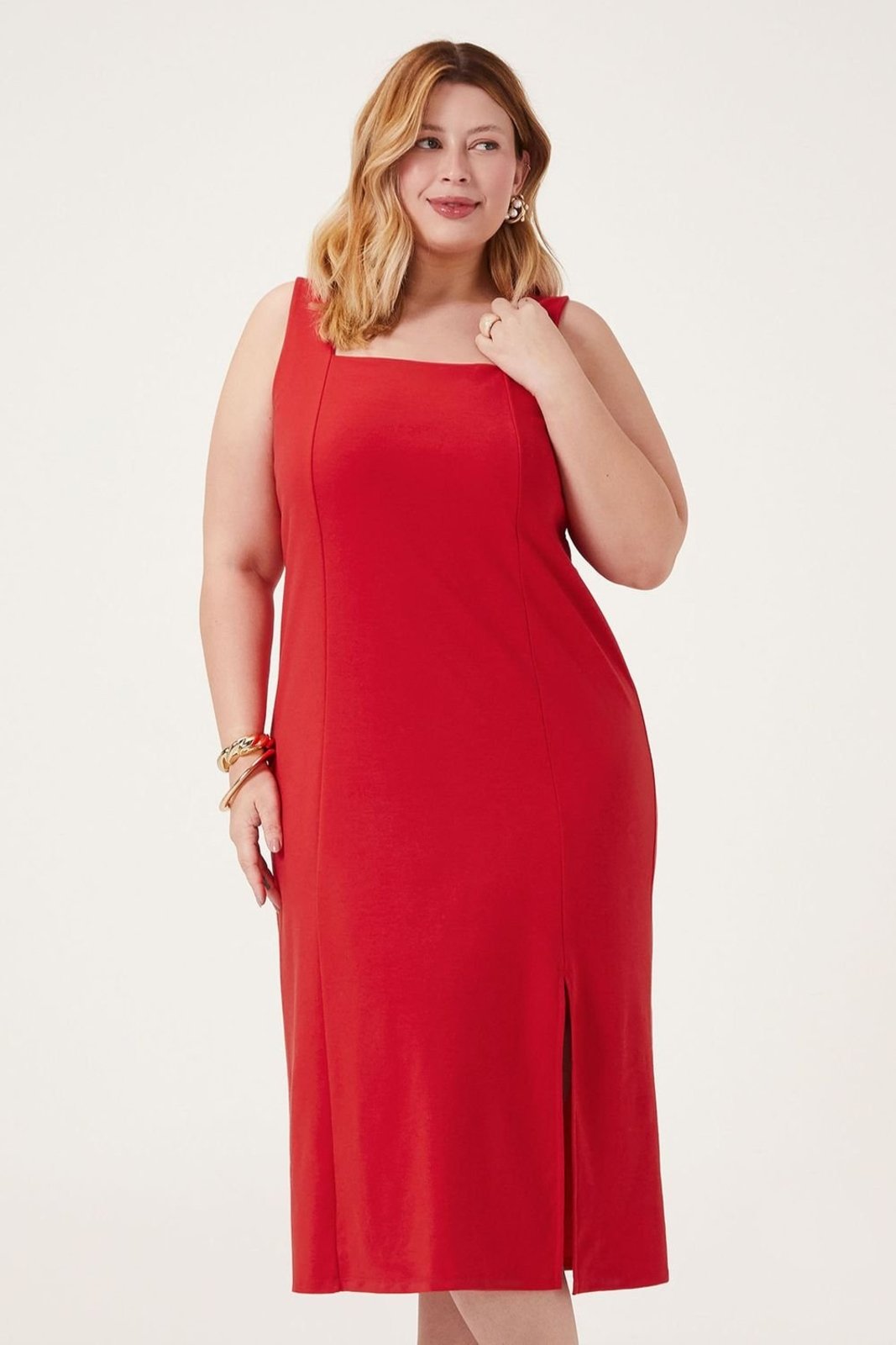 Vestido Midi Feminino Suedine Fenda Marialícia Vermelho