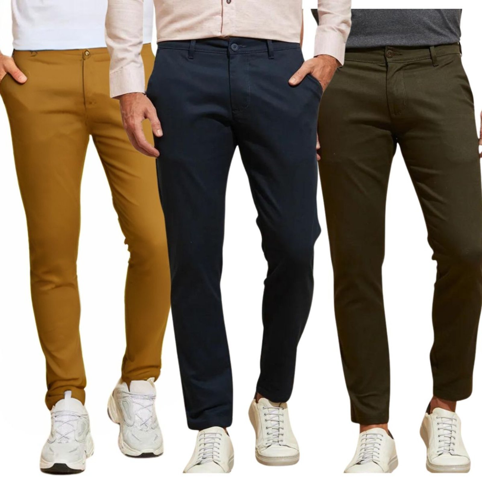 Kit 3 Calças FMF de Sarja Chino Com Bolso Traseiro Embutido Alfaiataria Skinny