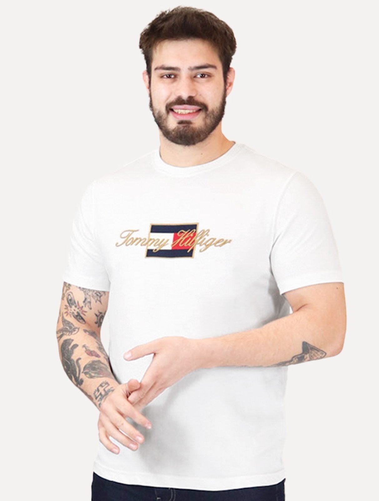 Vista 2 Camiseta Tommy Hilfiger Masculina Icon Gold Branca branco gold Tommy Hilfiger branco gold
