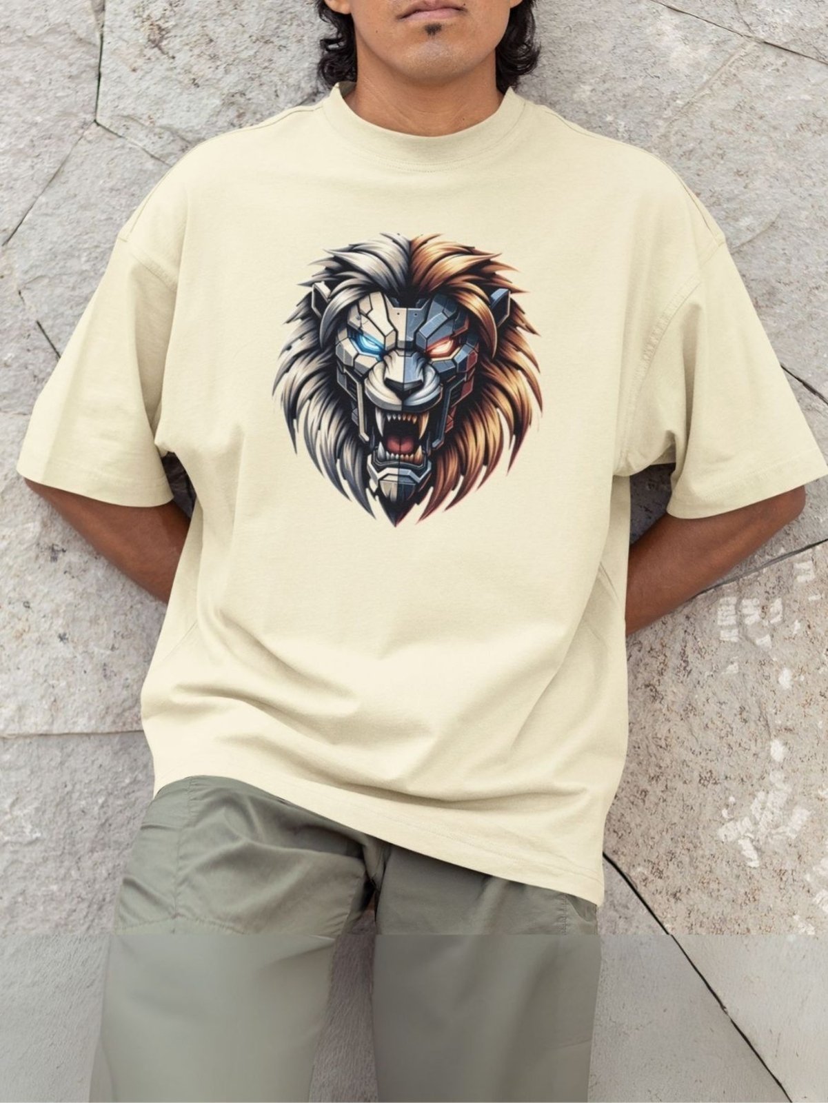 Camiseta Básica Masculina GuGi Leão Robótico Cyberpunk Scifi Futurista Off White