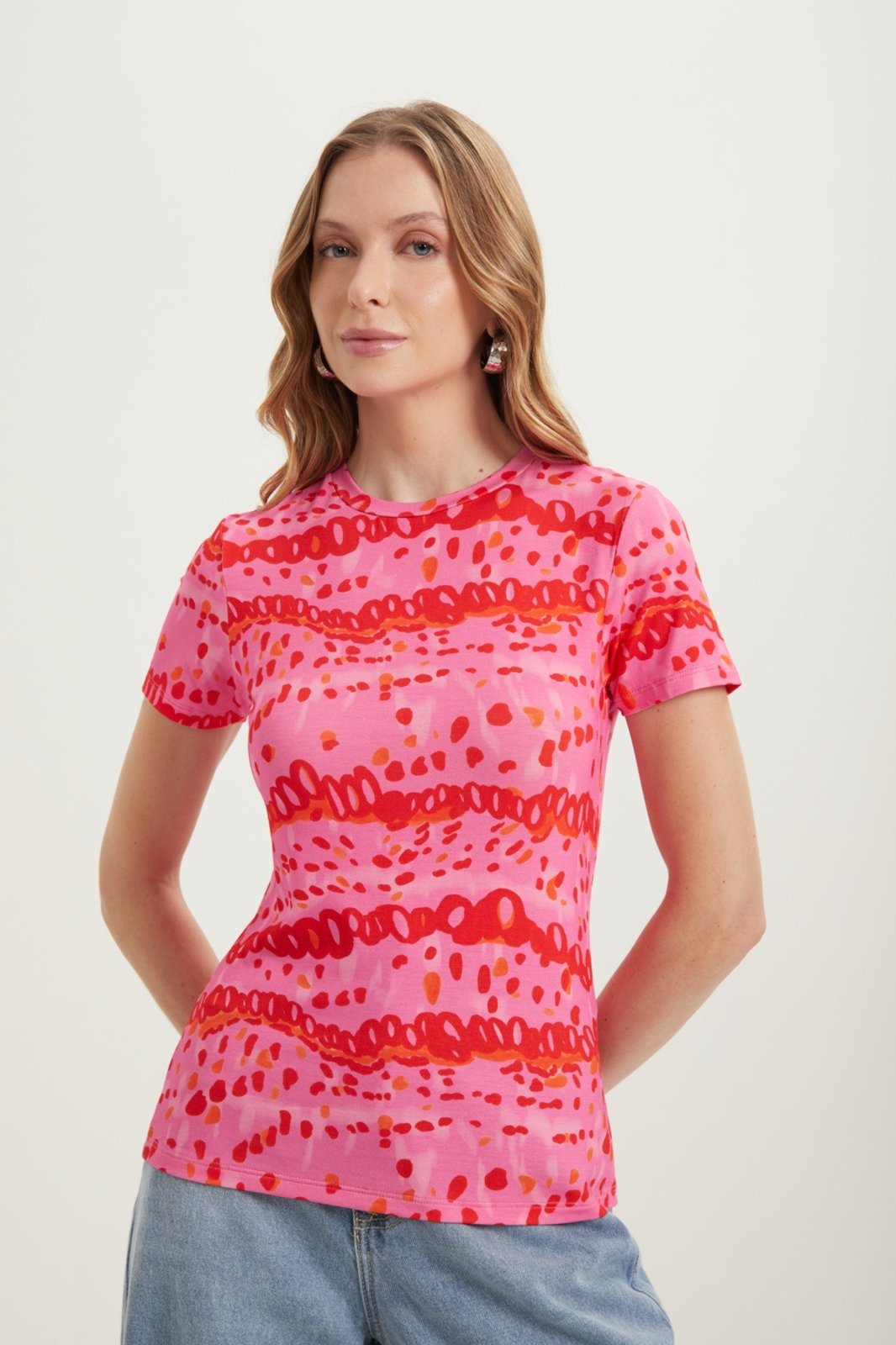 Blusa De Mangas Curtas Estampada Em Malha Com Elastano