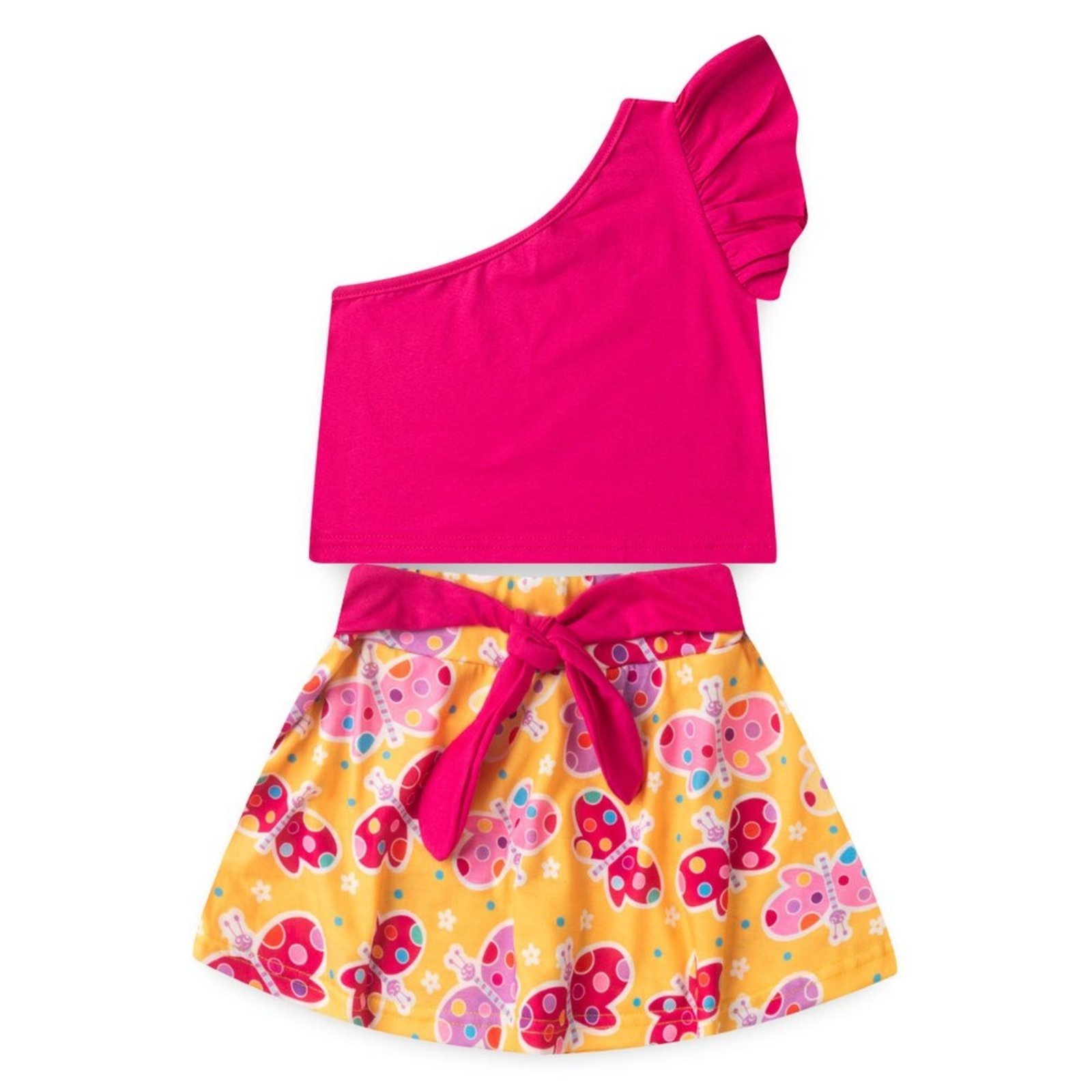 Vista 3 Infantil - Conjunto Verão Menina Pink Cropped um Ombro Só e Shorts Saia com Faixa Borboletas Molekada rosa pink Molekada rosa pink