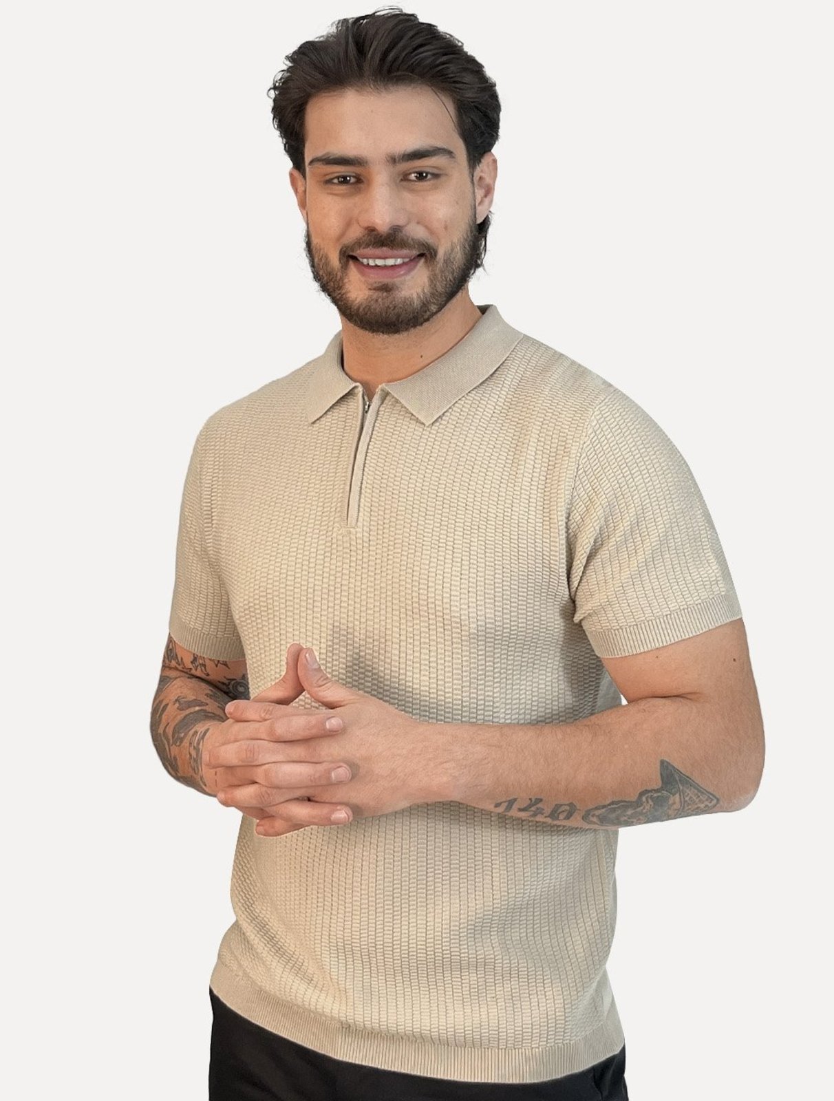 Polo Dixen Masculina Tricot Texturizada Manga Curta Ziper Cáqui Médio