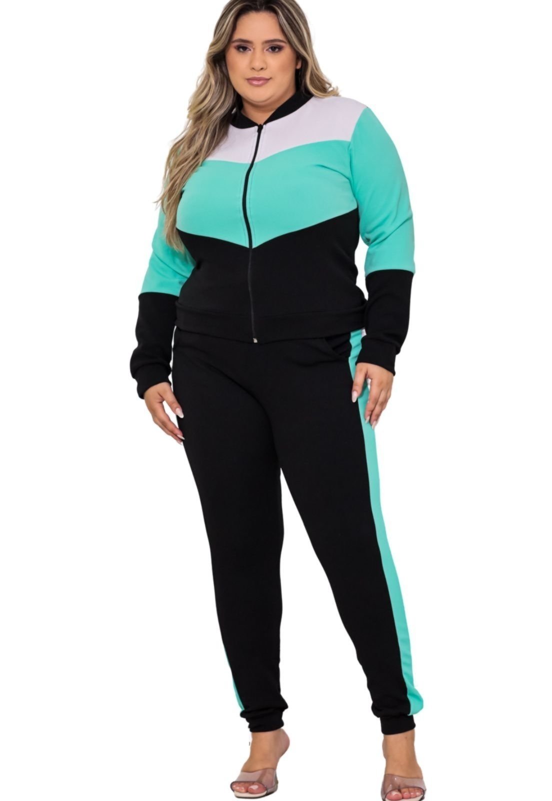 Conjunto Summer Body Feminino Plus Size Moletom Crepe Blusa + Calça verde limão