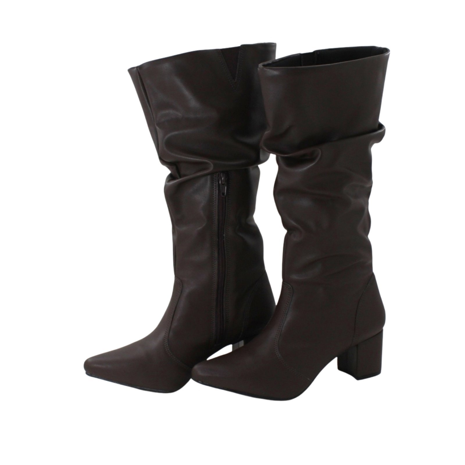 Bota Feminina Sloutchy Lirom Bico Fino Salto Grosso Cano Sanfonado Café