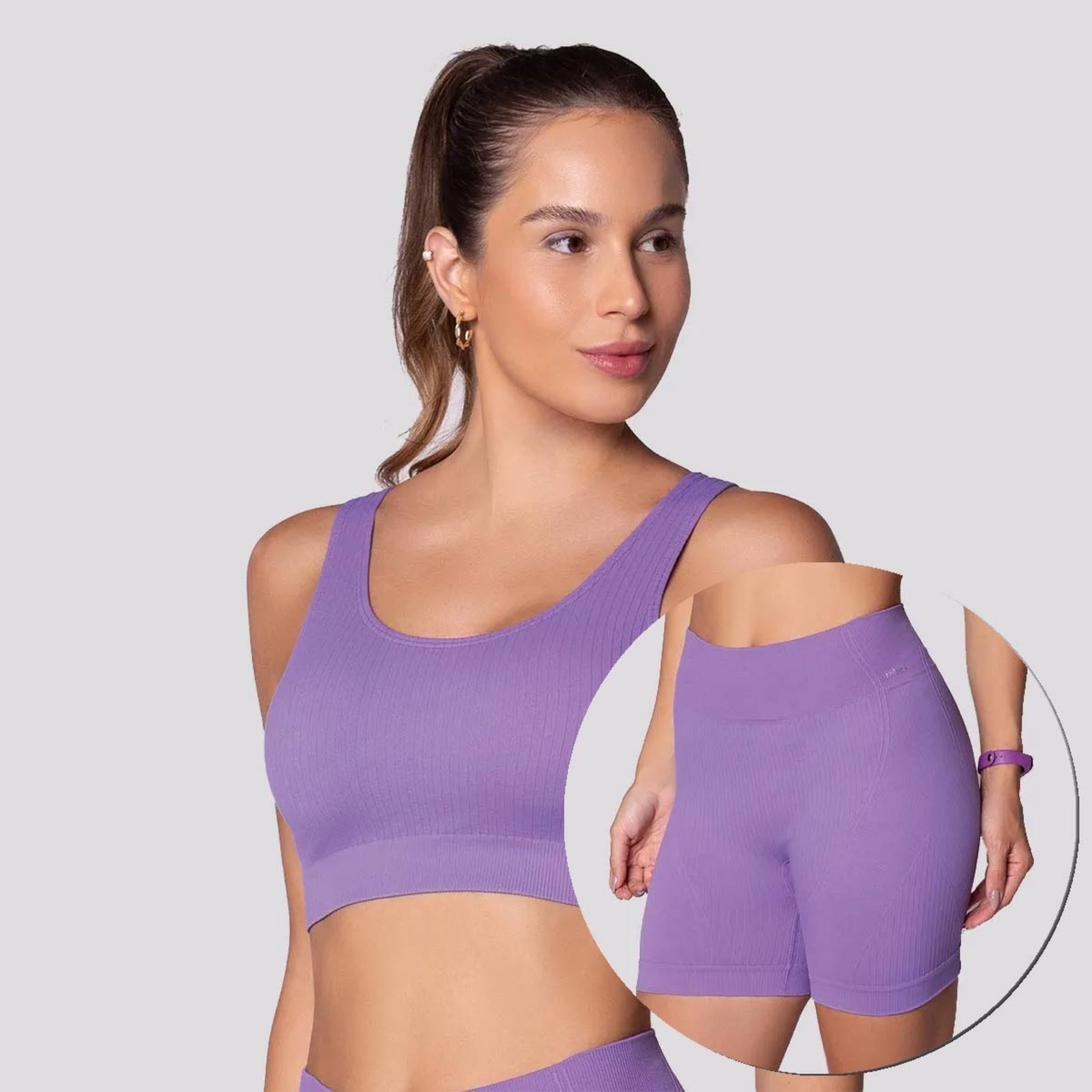Conjunto Top e Shorts Selene Canelado Sem Costura Feminino Roxo