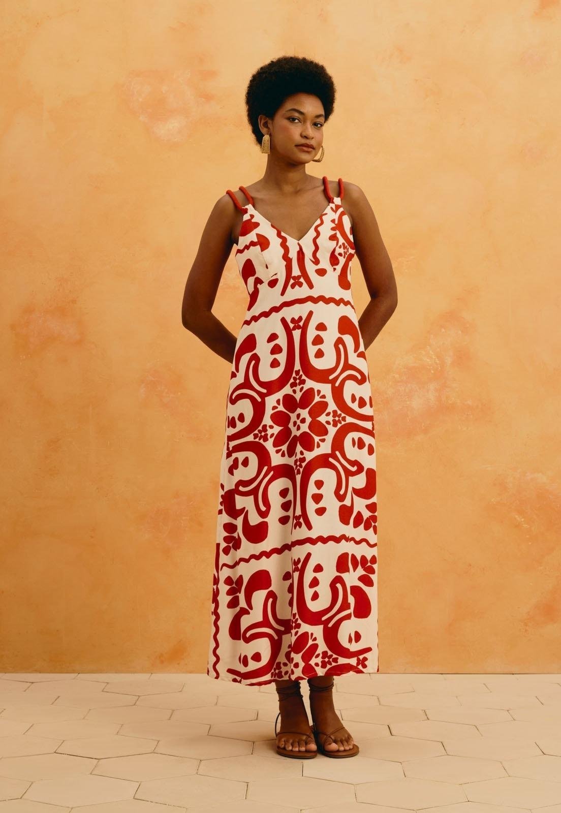 Vestido Midi Alça Corda Estampado Wayu Vermelho