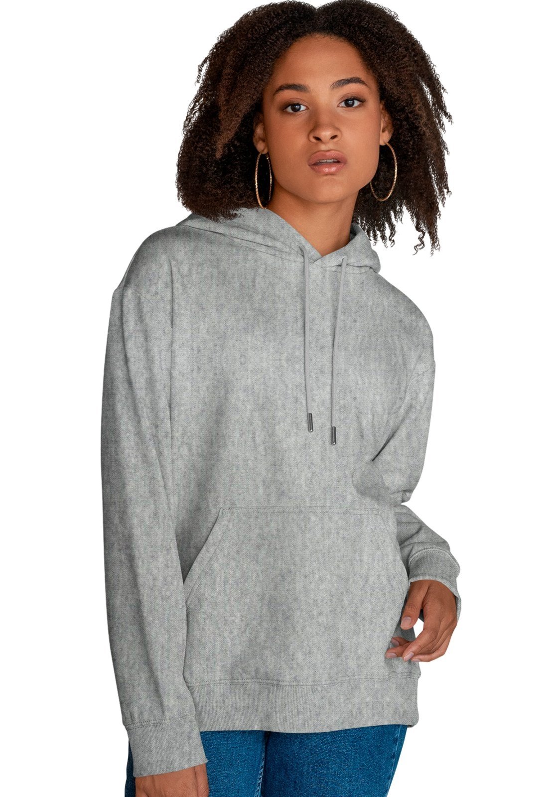 Blusa De Frio Feminina Moletom Liso Com Capuz e Bolso Canguru Felpado Cinza