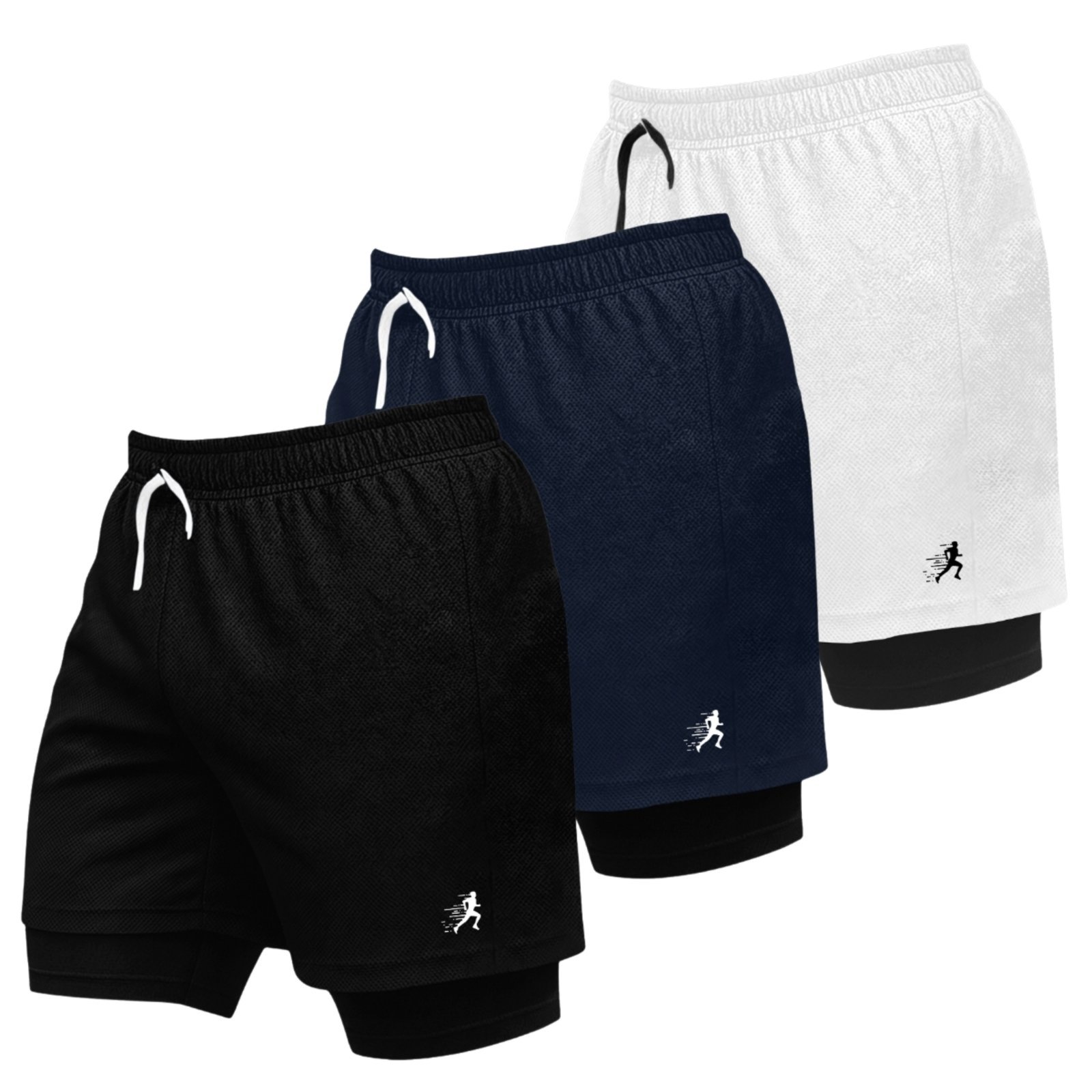 Kit 3 Short Treino Dry Fit Térmico 2 em 1 com Bolso para Celular e Porta-Toalha Calção Fitness Academia