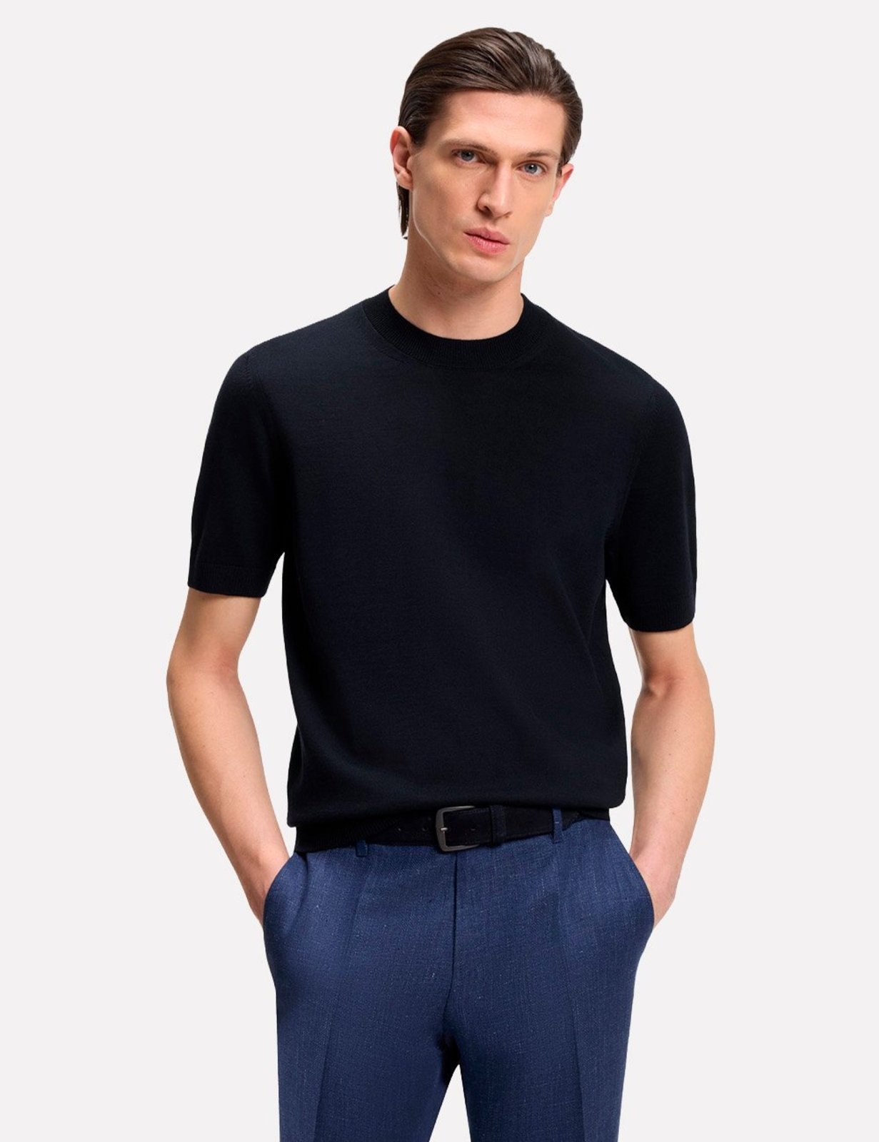 Camiseta Hugo Boss Masculina Regular Trico Extrafine Merino H-Umauro Azul Marinho